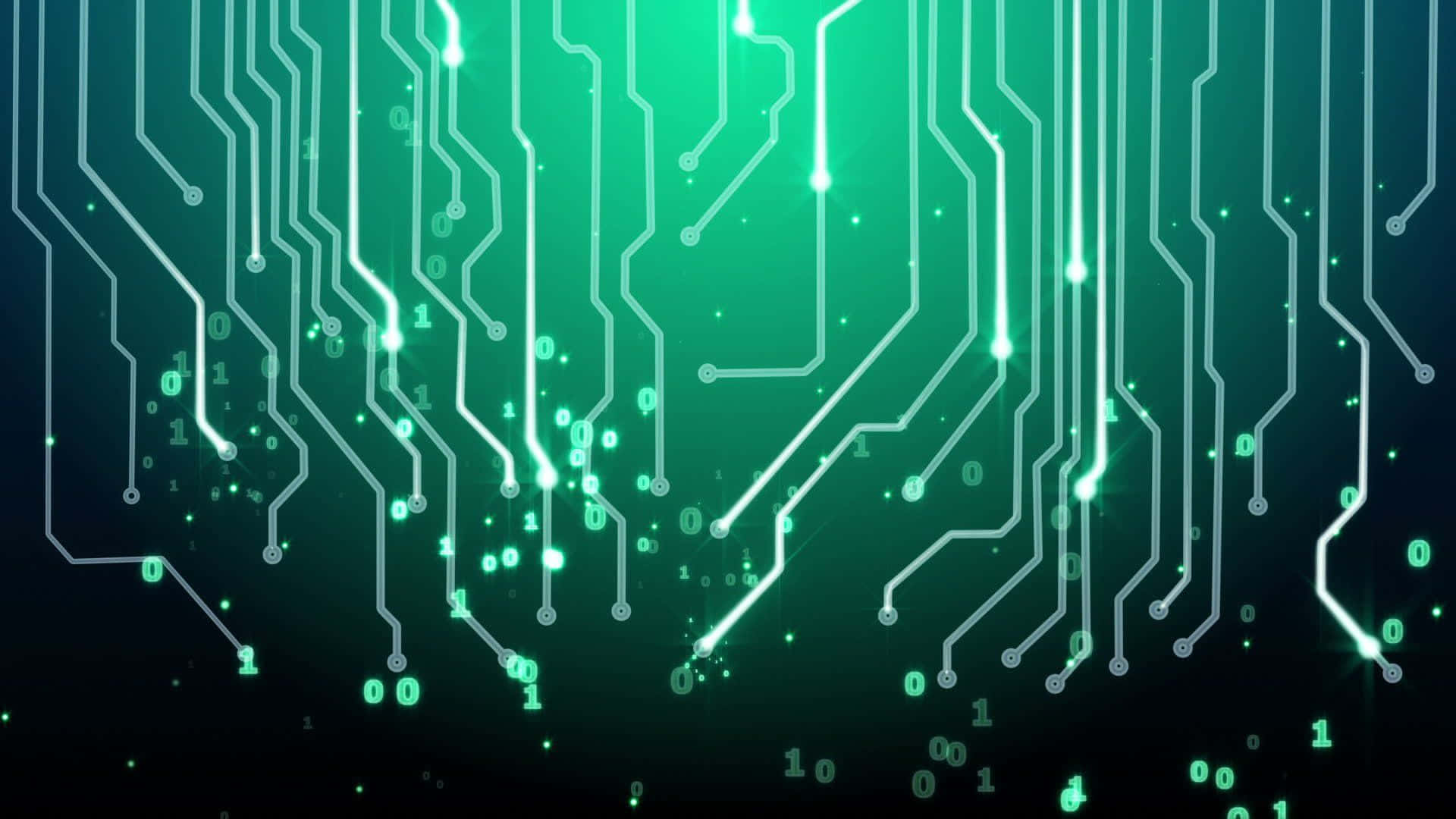 Electronics 桌布 壁紙 — 發光的綠色電路線和浮動的二進制代碼照亮了黑暗的數位景觀。