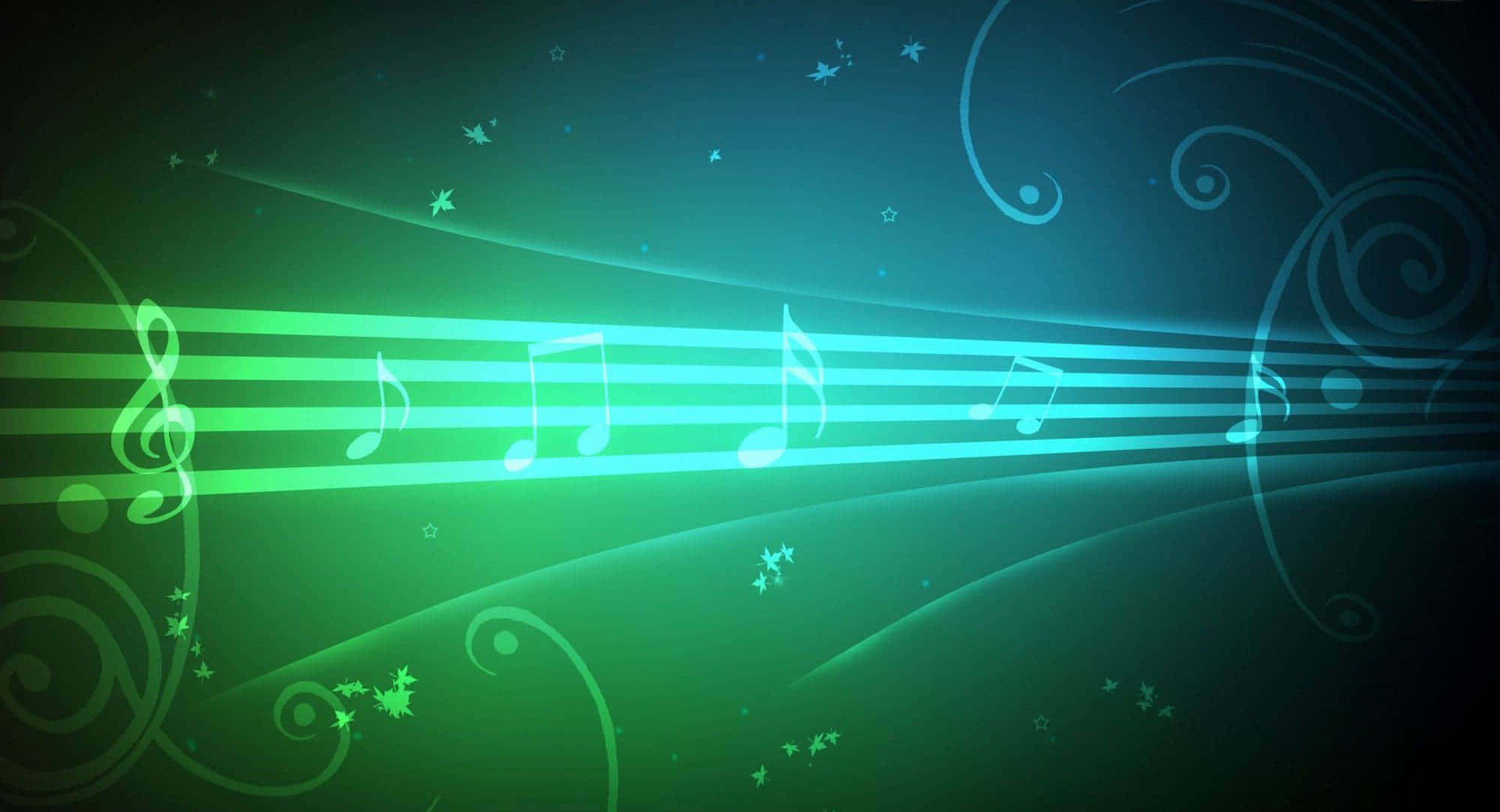 Music Notes 桌布 壁紙 — 發光的綠色音符漂浮在帶有漩渦裝飾元素和閃爍星星的漸變藍綠色背景上。