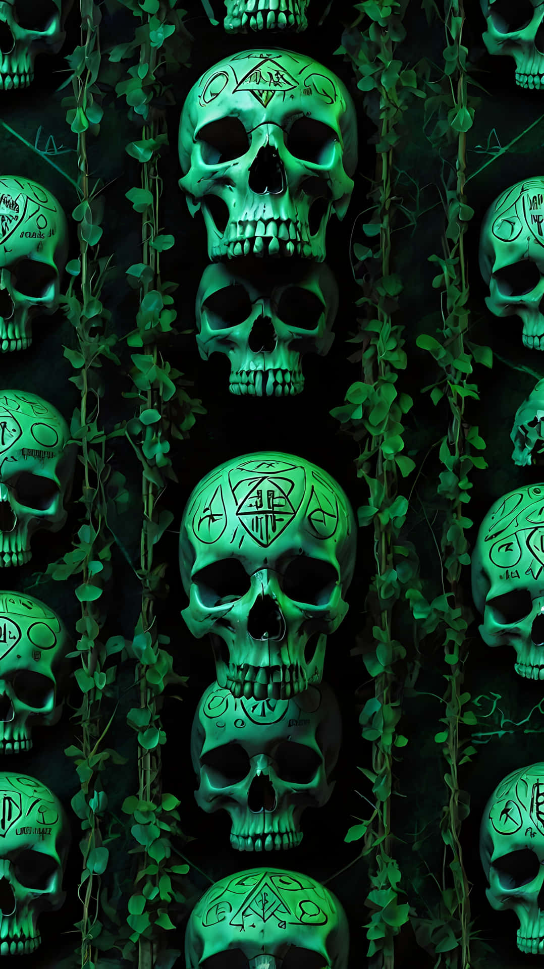 Arcane Skull Adorned with Ancient Runes 壁紙 — 發光的綠色頭骨帶有神秘符號，垂直排列在爬藤之間，背景為深色。