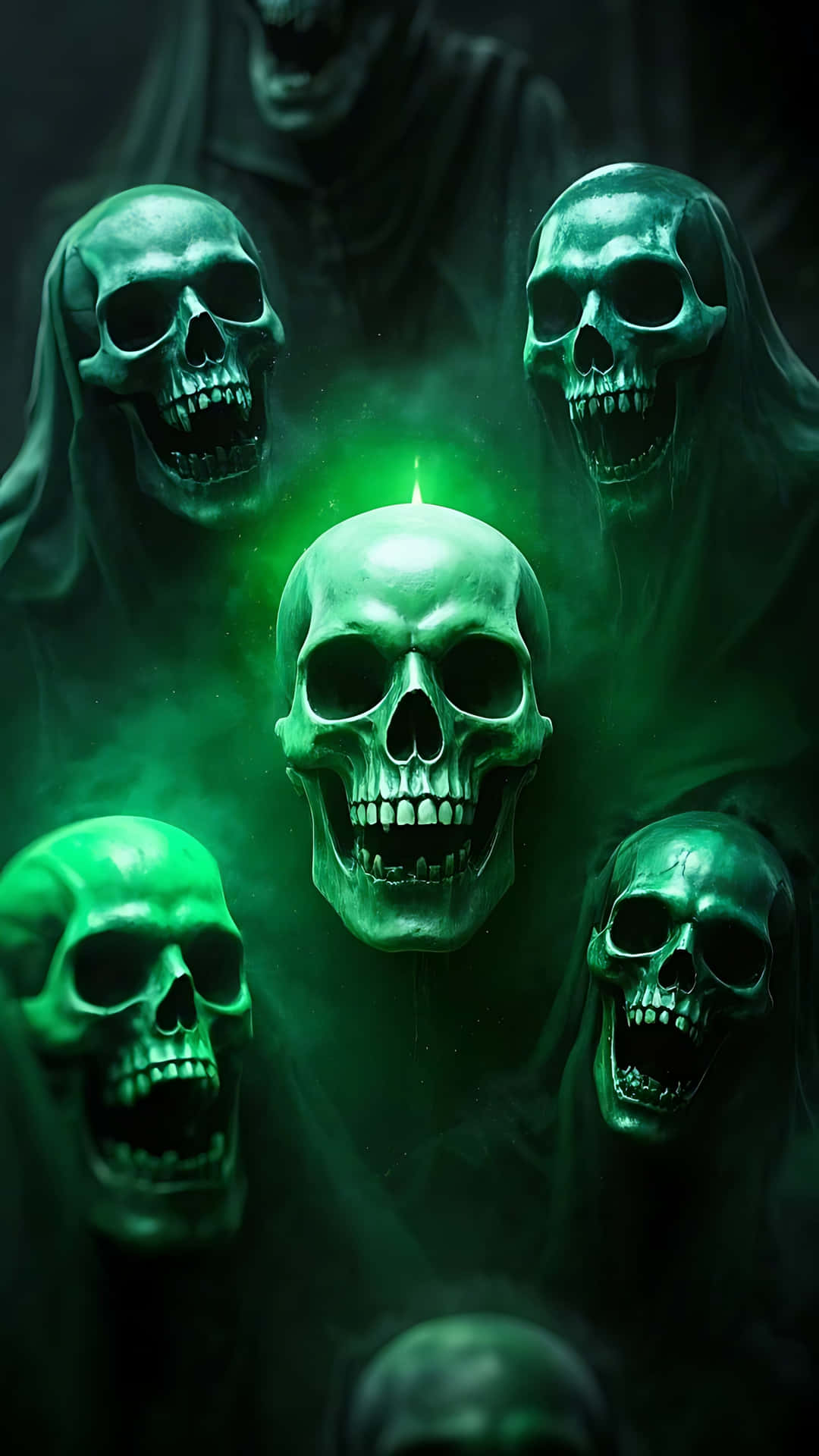 Ghost-Infested Skull with Screaming Shadows. ghost wallpaper 壁紙 — 發光的綠色頭骨與戴兜帽的人物在黑暗迷霧中漂浮，被中央的綠色光芒照亮。