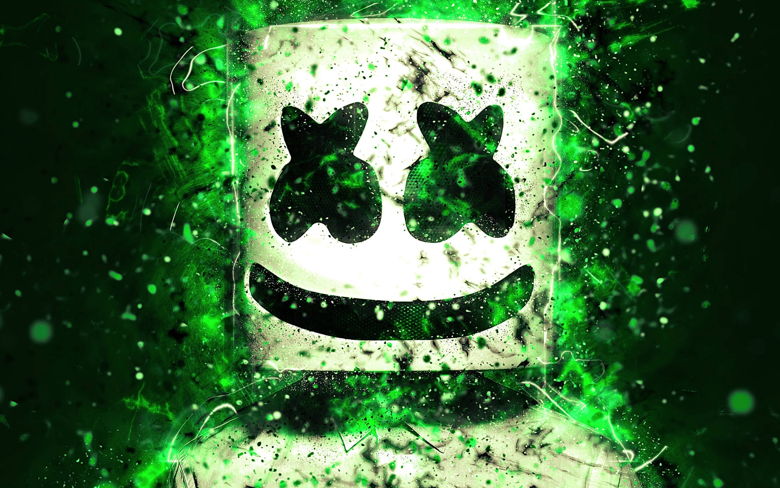 Marshmello 動態圖 桌布 壁紙 — 發光的綠色飛濺效果圍繞著一個帶有黑色蝴蝶眼睛和微笑的白色方形面具。