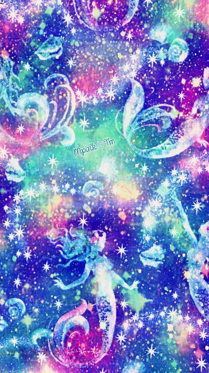 可愛的銀河動圖 桌布 壁紙 — 發光的美人魚在充滿閃爍星星和旋轉彩虹色彩的宇宙星雲中游動。