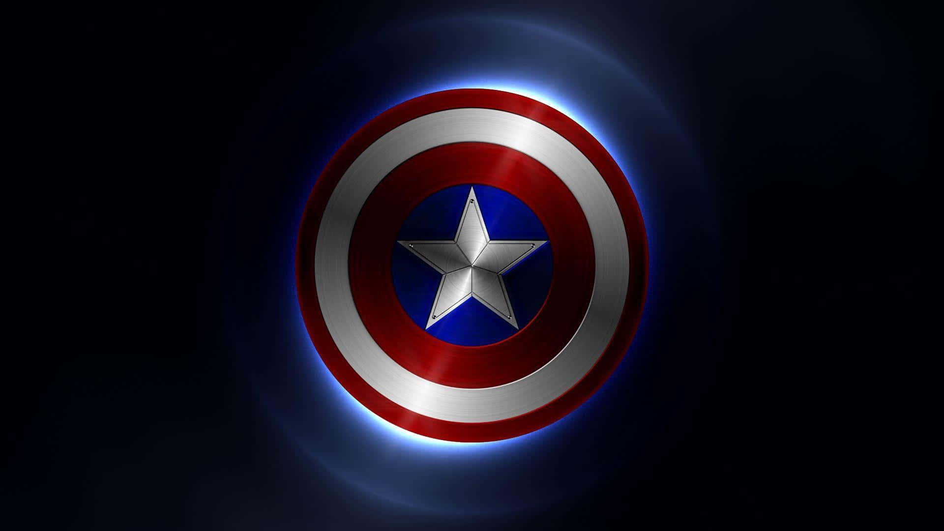 Best Captain America 桌布 壁紙 — 發光的美國隊長盾牌在黑暗背景中散發出藍色光芒，並帶有微妙的鏡頭光暈效果。
