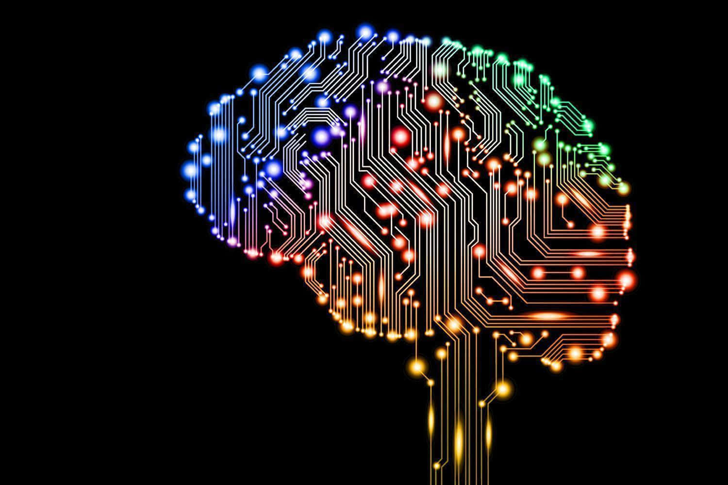 AI 桌布 壁紙 — 發光的腦形電路板，帶有彩色霓虹燈，背景為黑色。