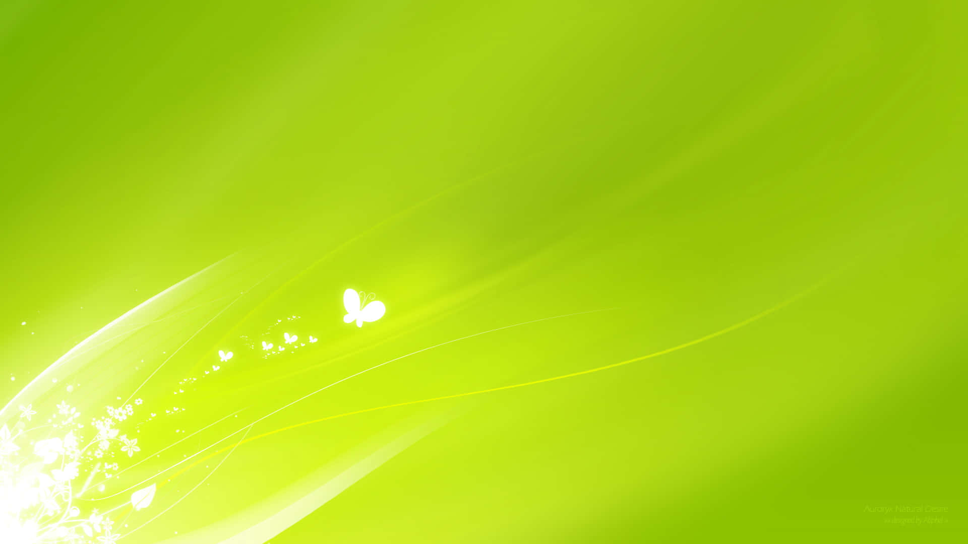 Green Led 桌布 壁紙 — 發光的萊姆綠色抽象背景，帶有流動的光線條紋和一隻發光的白色蝴蝶。