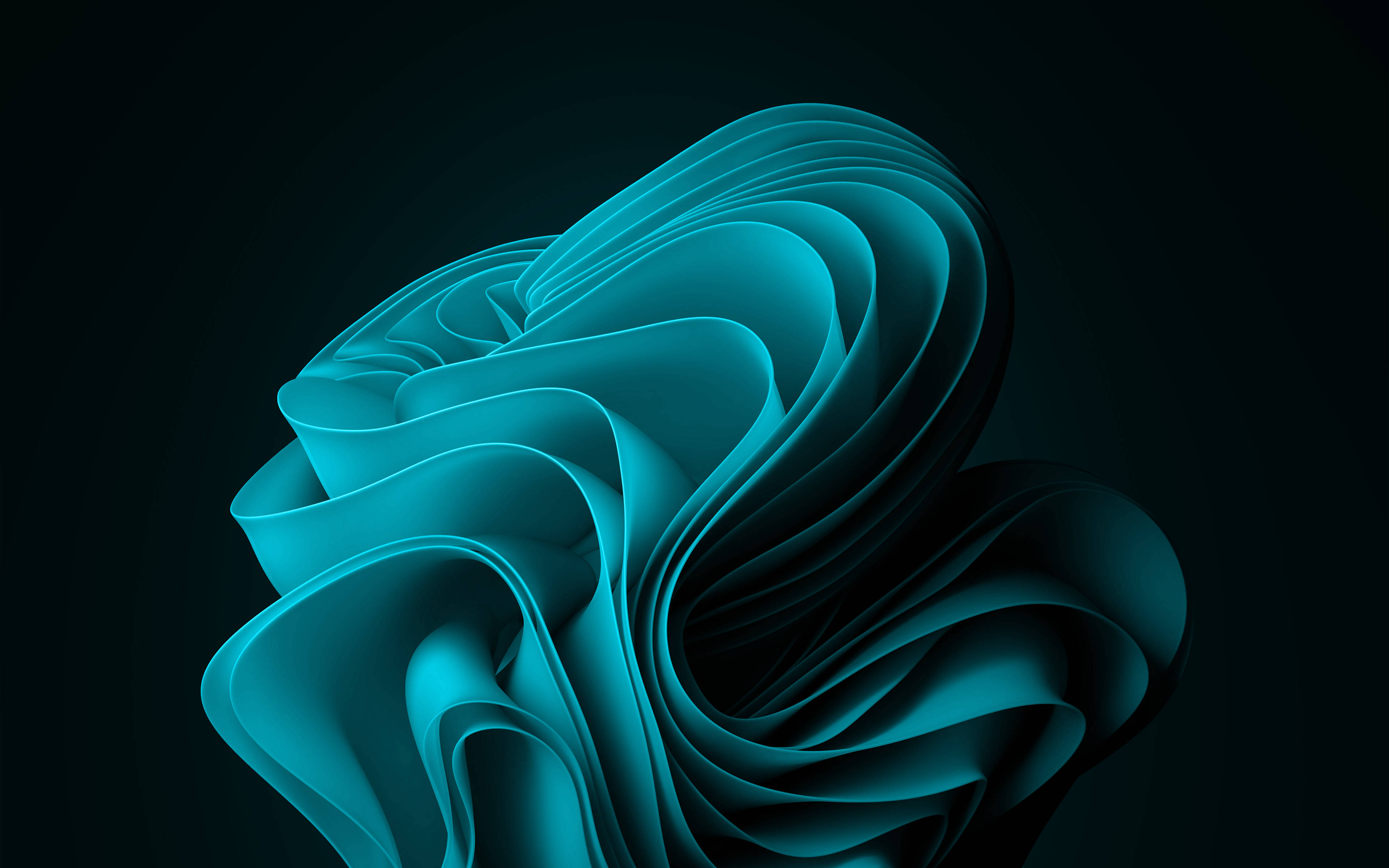 3D 桌布 壁紙 — 發光的藍綠色抽象雕塑，帶有流動的絲帶曲線，襯托著深色背景。
