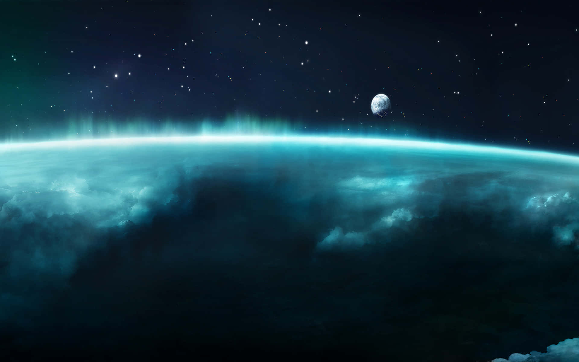 科幻 桌布 壁紙 — 發光的藍綠色極光在行星彎曲的地平線上方舞動，星空夜空下有一輪遙遠的月亮。