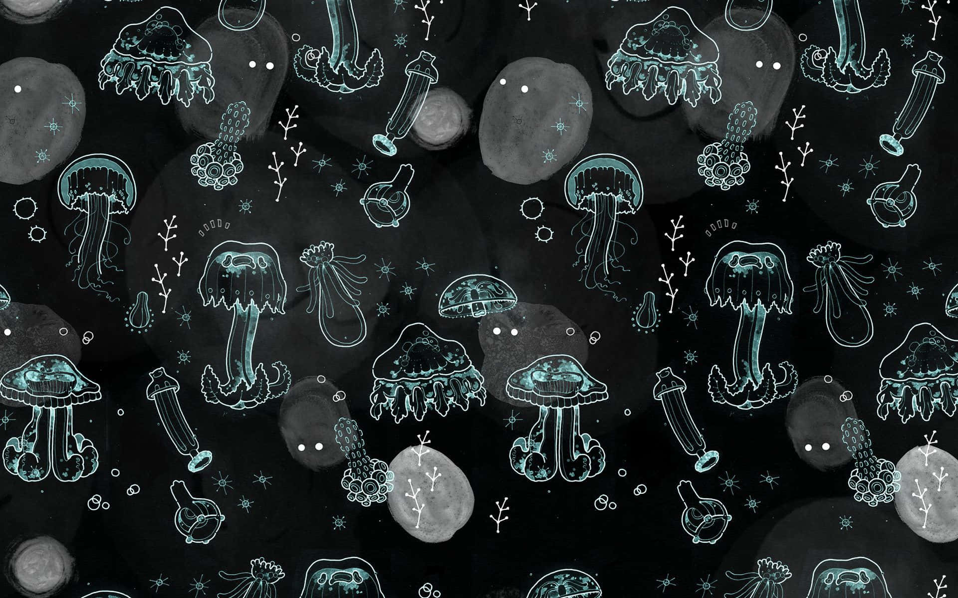  壁紙 — 發光的藍綠色水母和海洋生物在黑暗的氣泡中漂浮，形成一幅奇思妙想的水下素描。