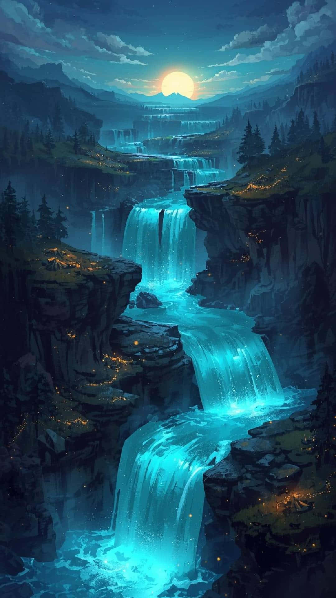 Fantasy Glowing Waterfall in Mountain Canyon at Sunset Night – Blue Dream Landscape Wallpaper 壁紙 — 發光的藍綠色瀑布在月光照耀下流過岩石峭壁，位於霧氣瀰漫的山谷中。