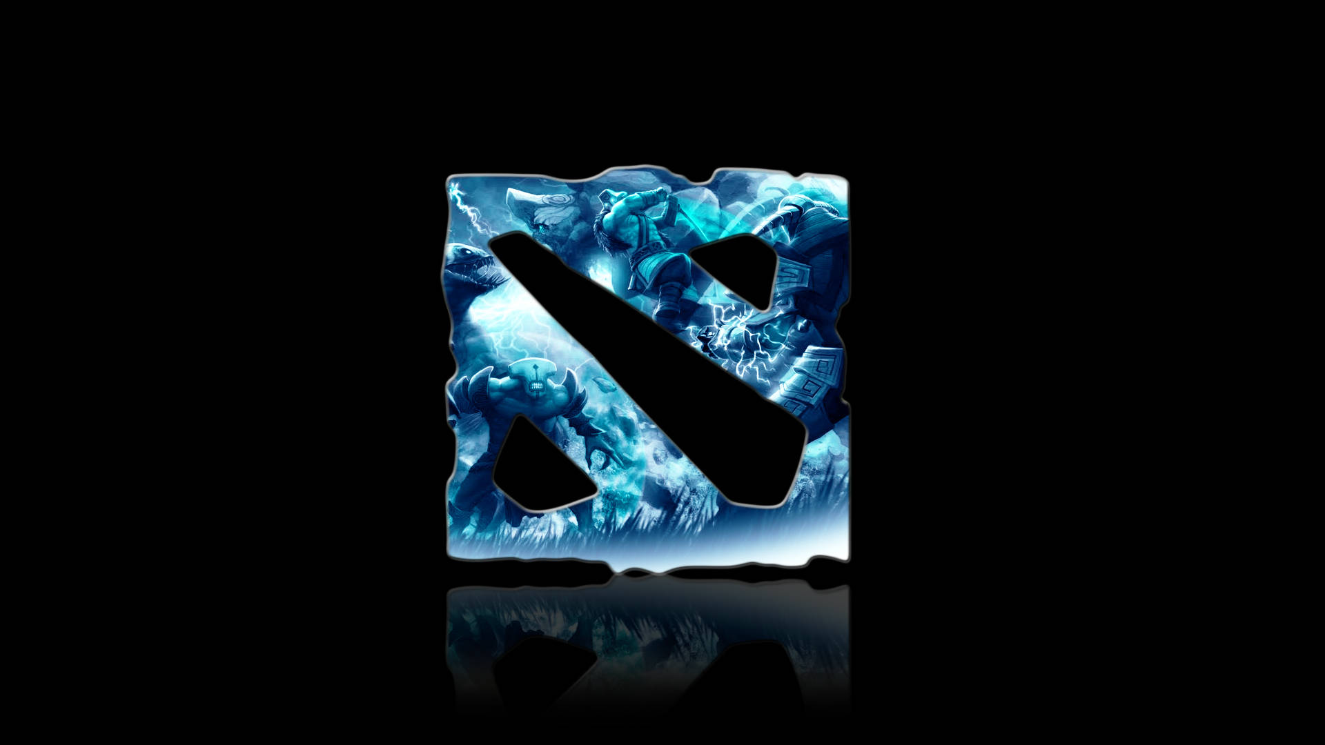 電玩遊戲 桌布 壁紙 — 發光的藍色 Dota 2 標誌，帶有奇幻角色和閃電效果，背景為黑色並有反射。