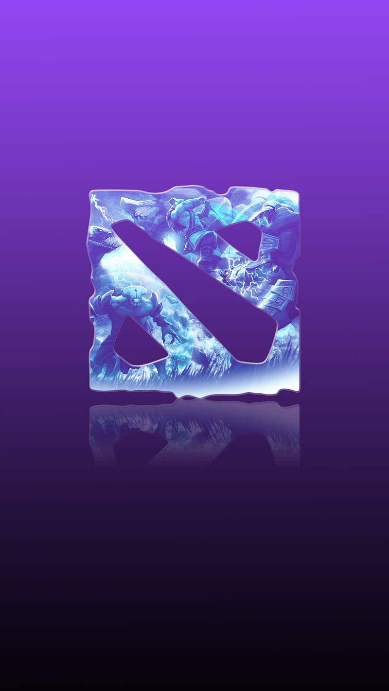 電玩遊戲 桌布 壁紙 — 發光的藍色 Dota 2 標誌，內部有奇幻角色，設置在紫色漸變背景上，下方有倒影。