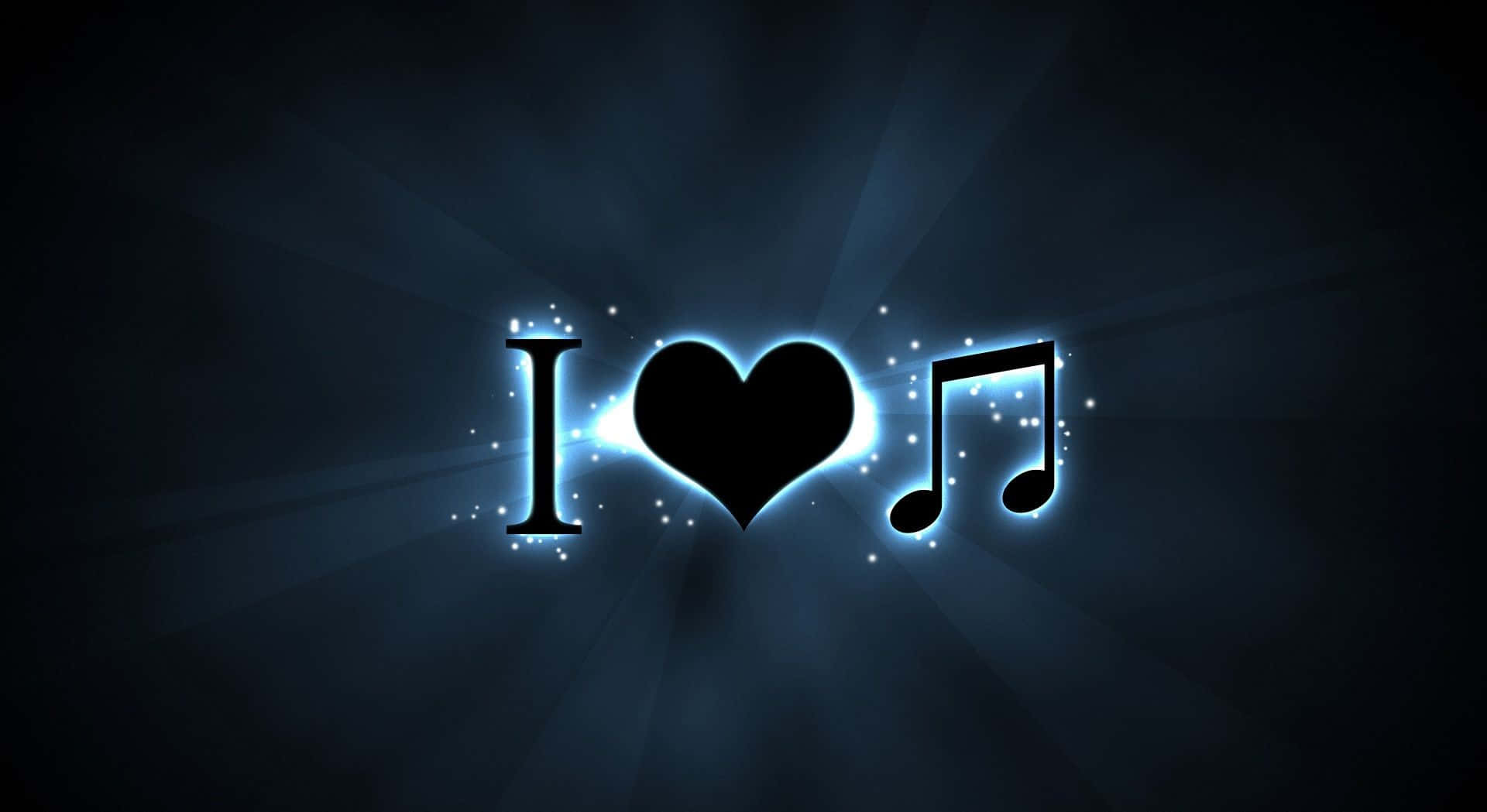 Facebook 封面 桌布 壁紙 — 發光的藍色「I heart music」符號在黑暗背景中散發光芒，伴隨著閃爍的粒子。