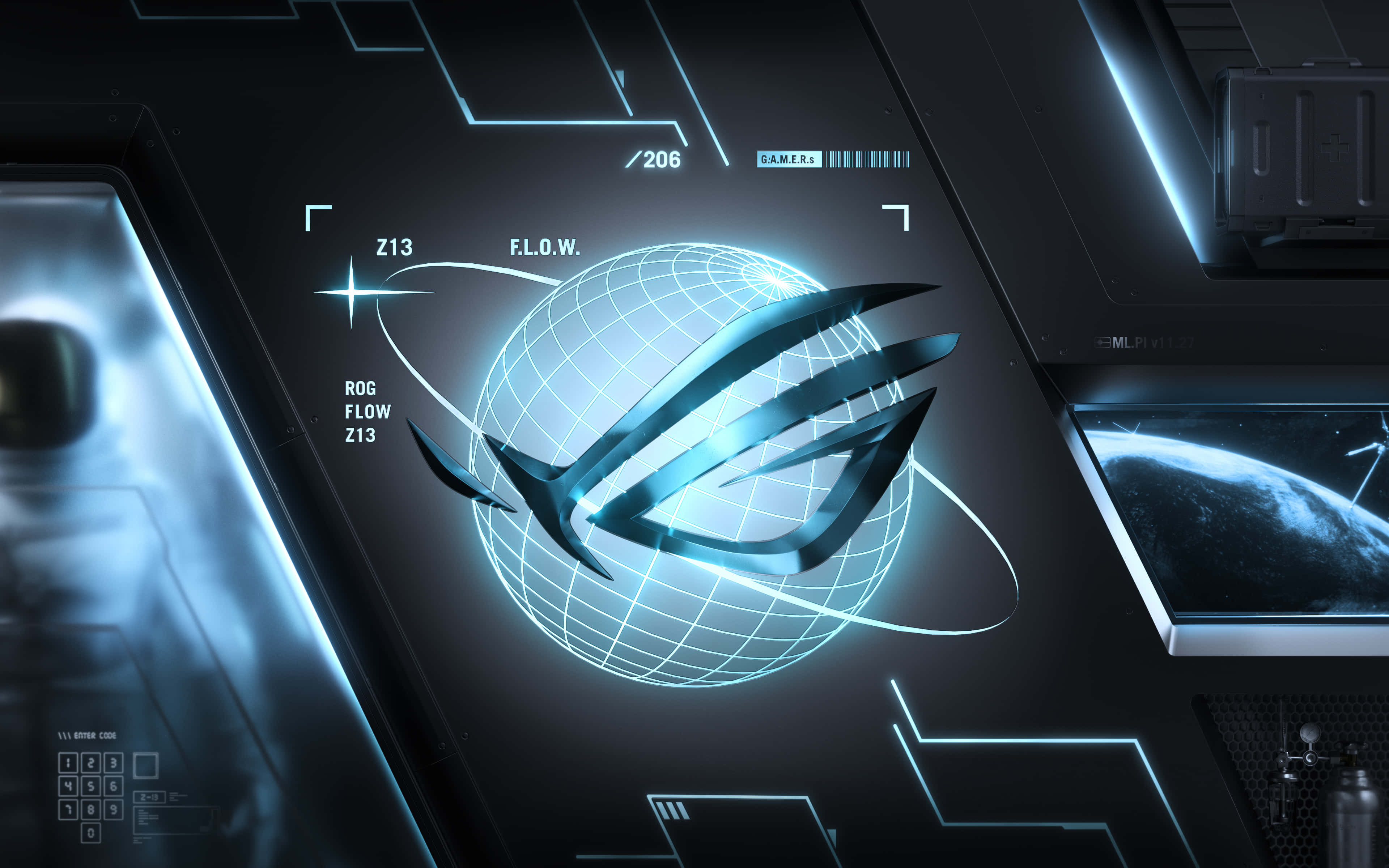 Rog 桌布 壁紙 — 發光的藍色 ROG Flow Z13 標誌懸浮在一個帶有全息顯示器的未來主義駕駛艙中的網格球體上方。