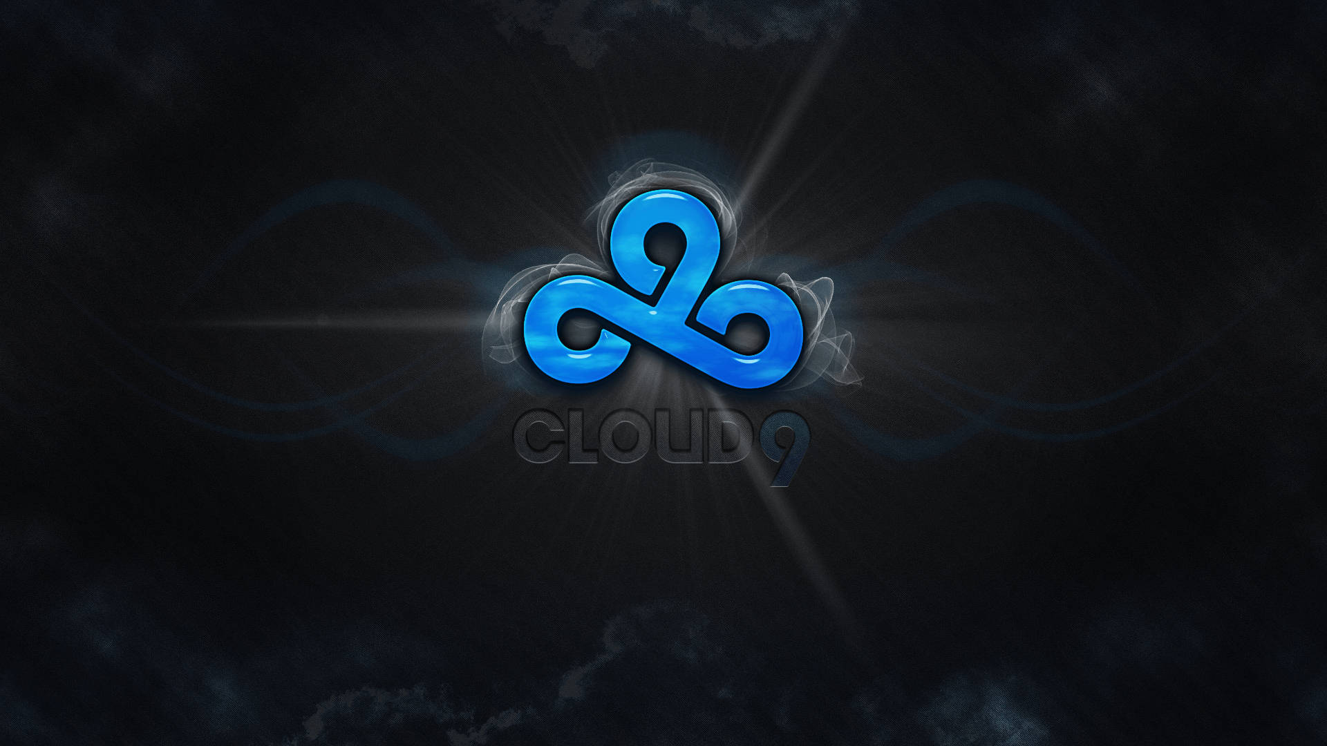 雲九 桌布 壁紙 — 發光的藍色Cloud9標誌在黑暗暴風天空和旋轉煙霧效果中散發光芒。
