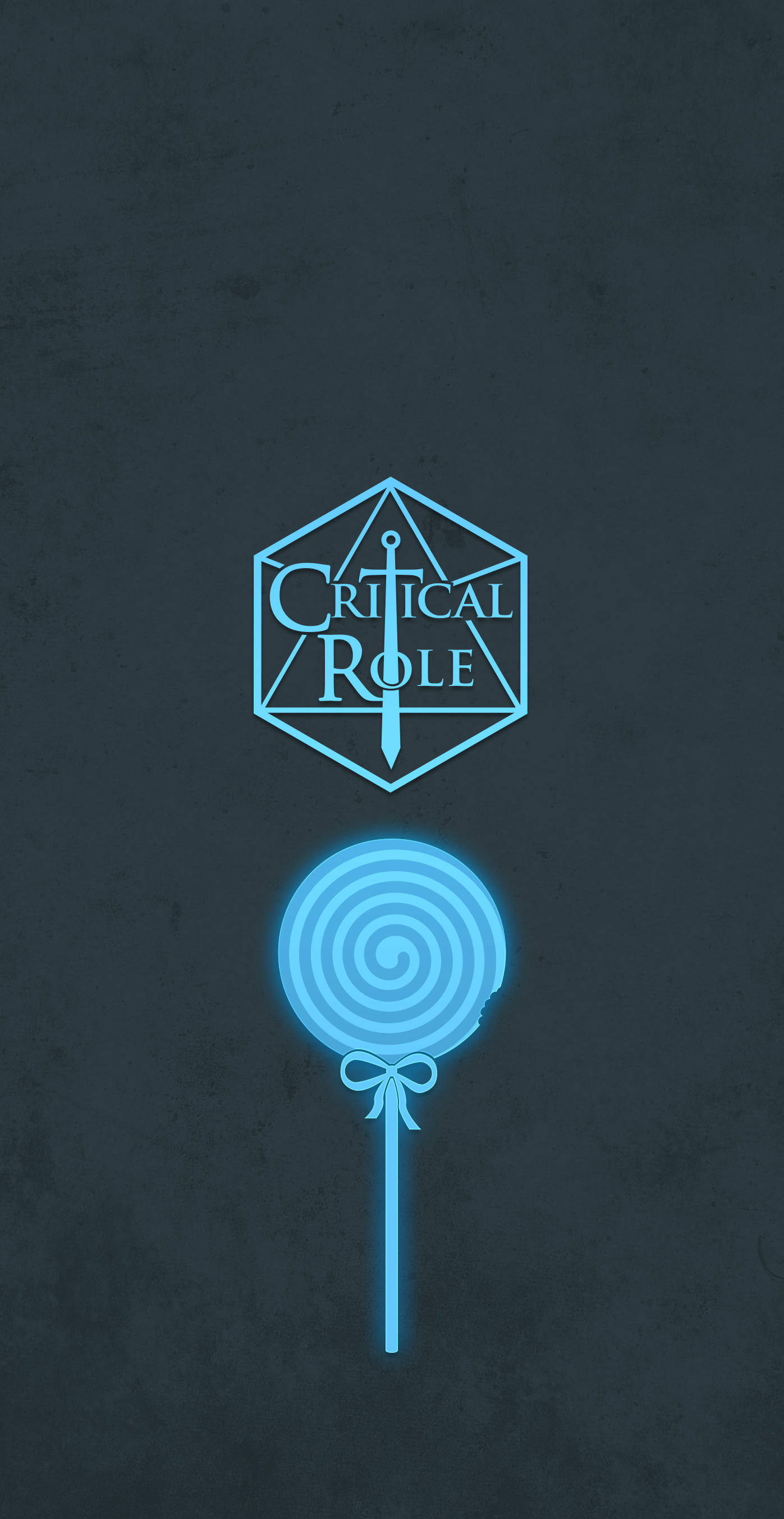 Role 桌布 壁紙 — 發光的藍色Critical Role標誌和棒棒糖圖示在深色紋理背景上漂浮。