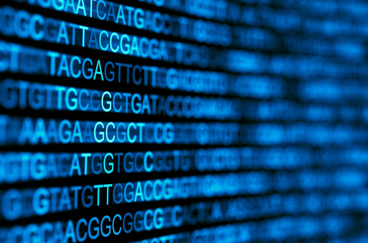 科學 桌布 壁紙 — 發光的藍色DNA代碼行在淺景深的數位螢幕上滾動。