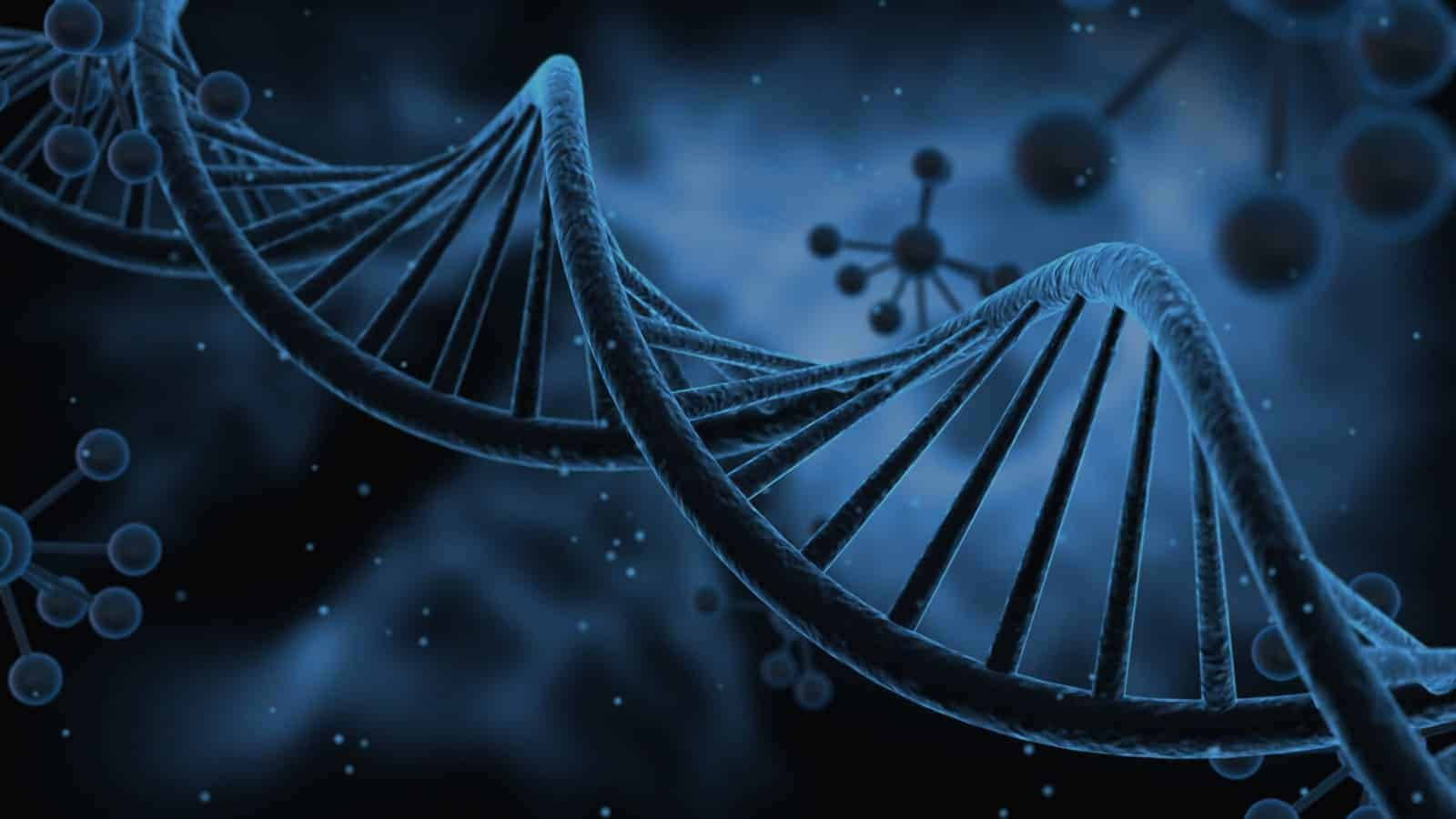 藍色發光DNA螺旋，宇宙背景中帶有分子結構。 — 化學 GIF 壁紙