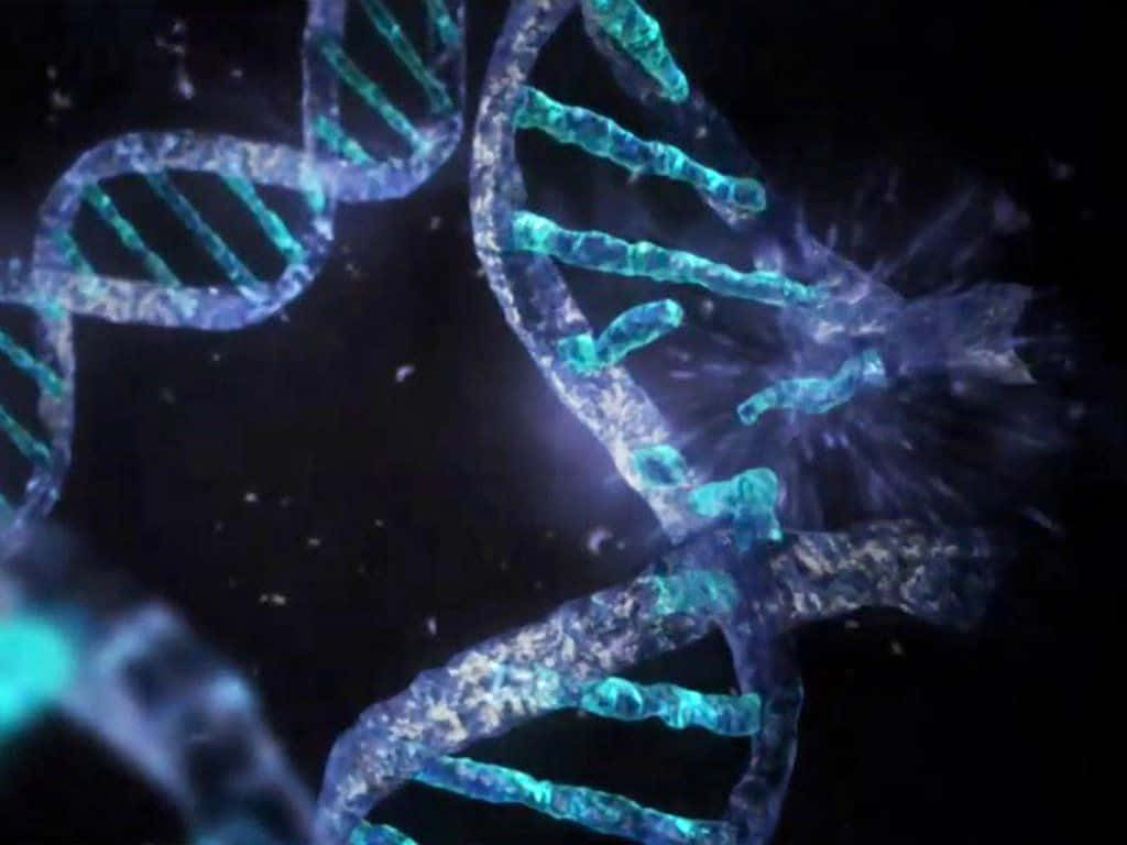 biology 桌布 壁紙 — 發光的藍色DNA雙螺旋在黑暗的宇宙背景下扭轉，伴隨著耀眼的光芒爆發。