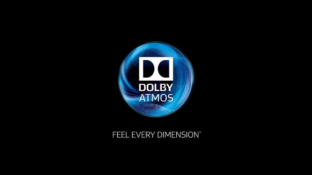 Dolby Atmos 桌布 壁紙 — 發光的藍色Dolby Atmos標誌，帶有旋轉光效，居中於黑色背景上，下方有白色文字。