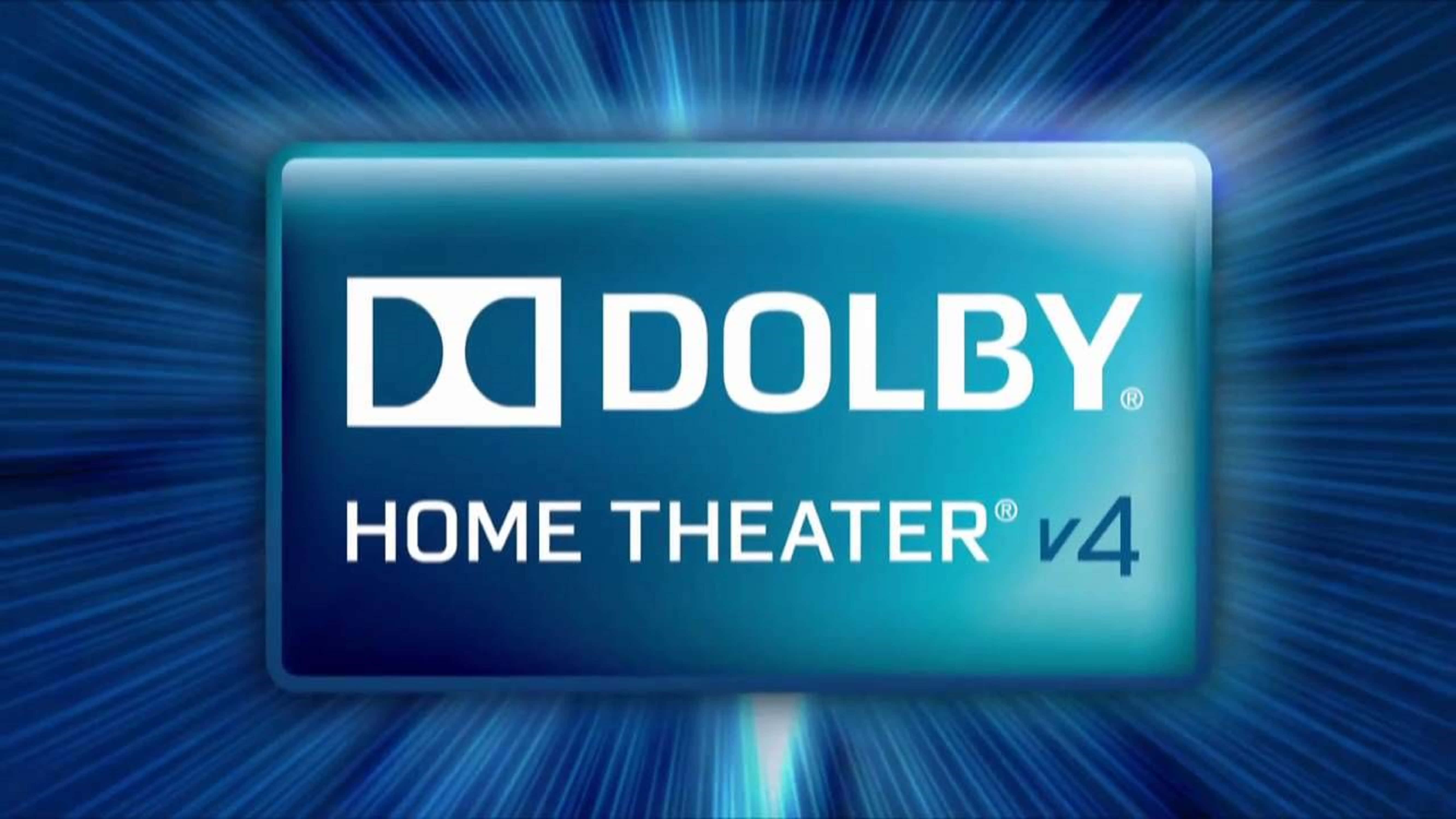 4K Dolby Vision 桌布 壁紙 — 發光的藍色Dolby Home Theater v4標誌在動態數位背景上散發光芒。