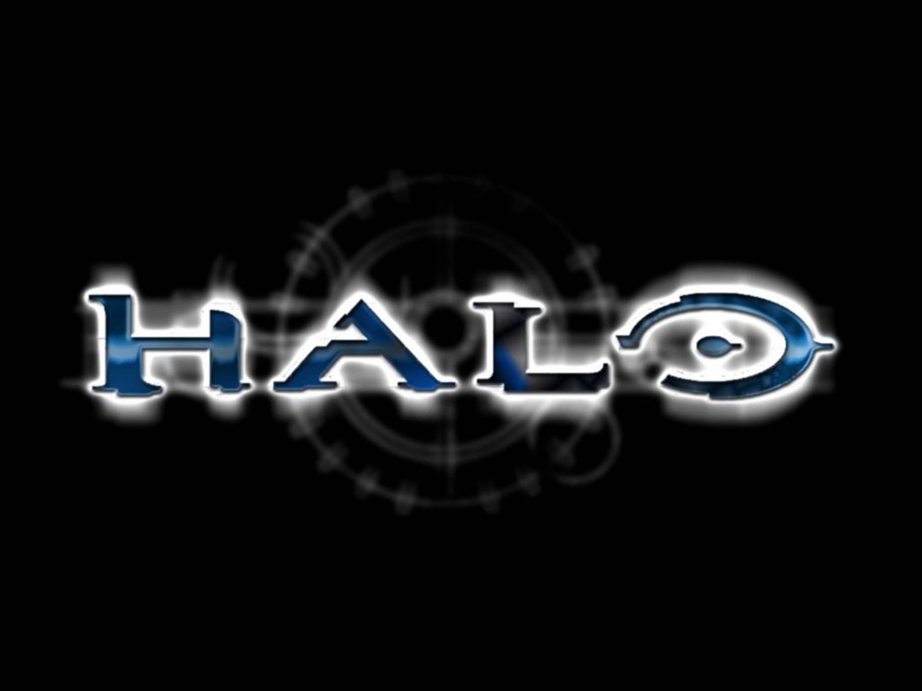 光環 桌布 壁紙 — 發光的藍色Halo標誌，背後有瞄準準星，黑色背景。