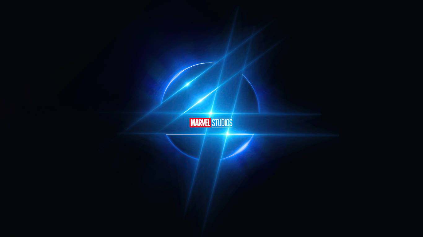  壁紙 — 發光的藍色Marvel Studios標誌在黑色背景上散發出光線，帶有鏡頭光暈效果。