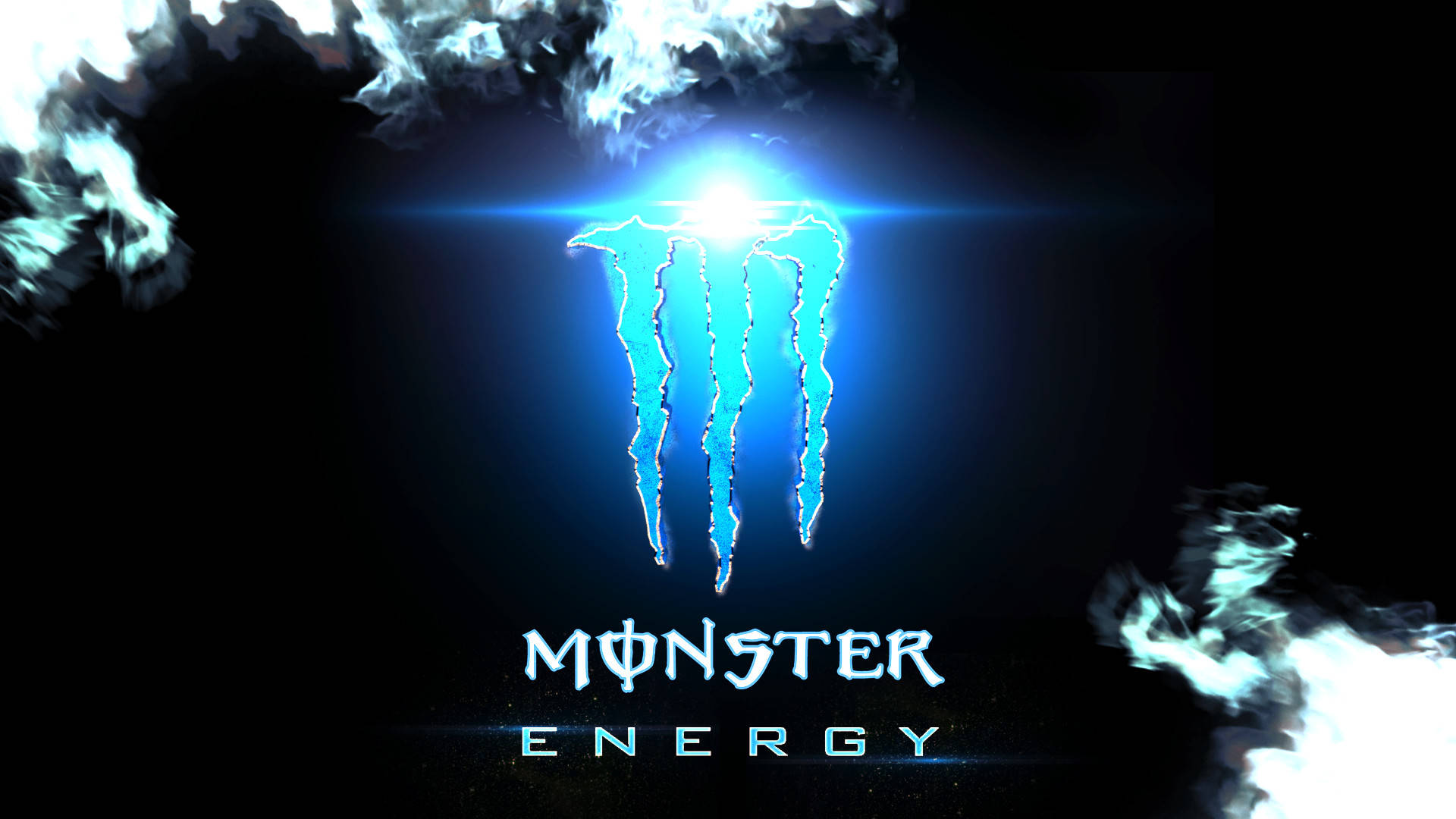 Monster Energy 桌布 壁紙 — 發光的藍色Monster Energy標誌在黑色背景上散發出強烈的光芒，並帶有旋轉的白色煙霧效果。