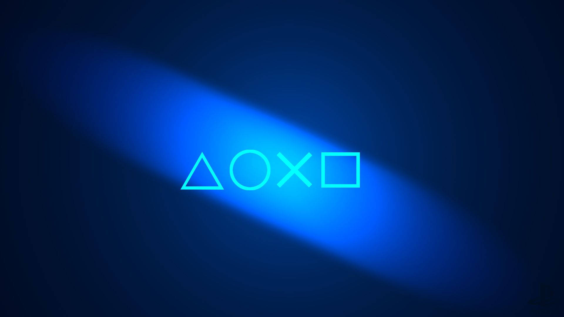 PS5 動態圖片 桌布 壁紙 — 發光的藍色PlayStation控制器符號在深色漸變背景上閃耀，伴隨著柔和的光線。
