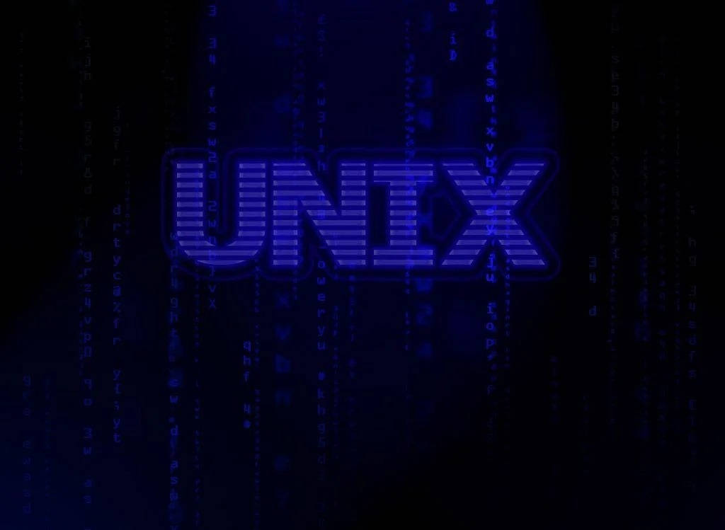 程式設計 桌布 壁紙 — 發光的藍色UNIX標誌在黑暗背景上脈動，伴隨著層疊的數位代碼流。