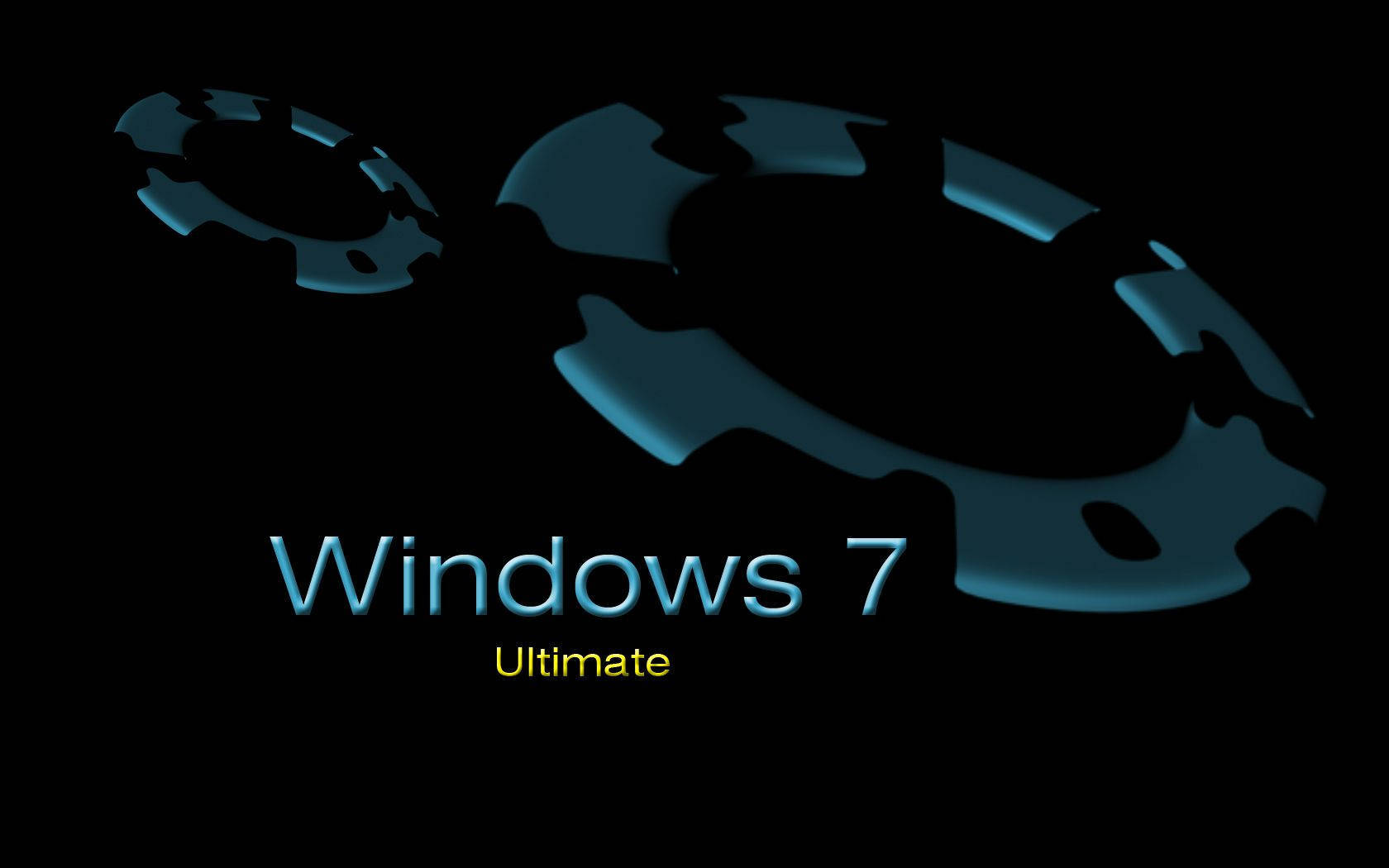 鎖屏 桌布 壁紙 — 發光的藍色Windows 7標誌，帶有齒輪形狀，背景為黑色。