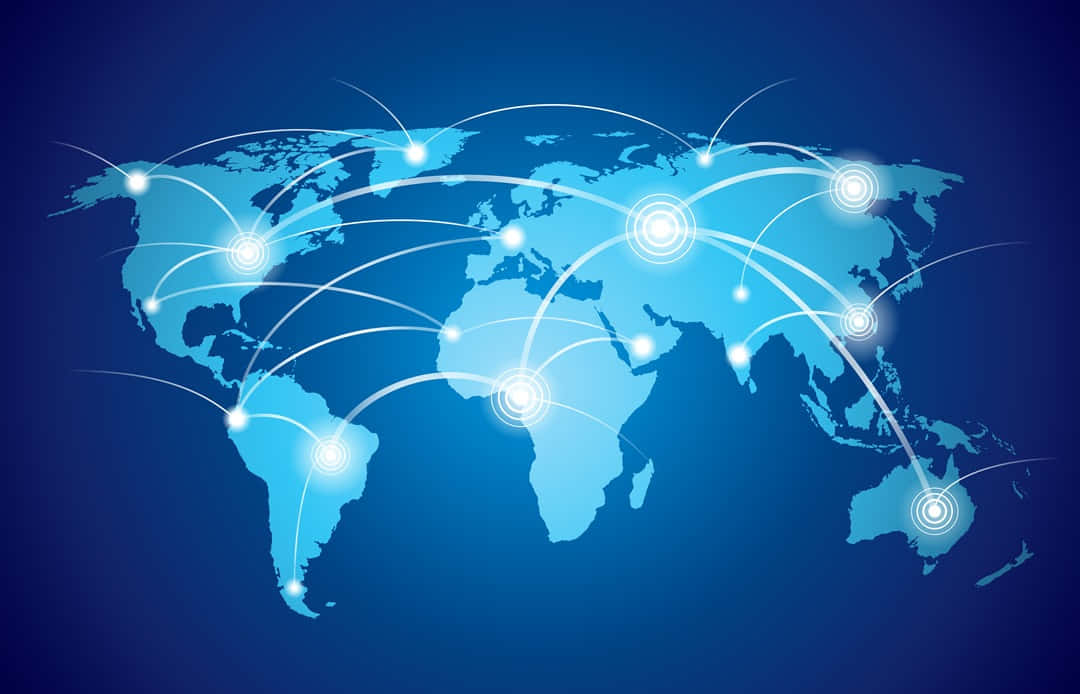 Global 桌布 壁紙 — 發光的藍色世界地圖，帶有明亮的白色連接線，在大陸之間輻射，象徵全球數位網路。