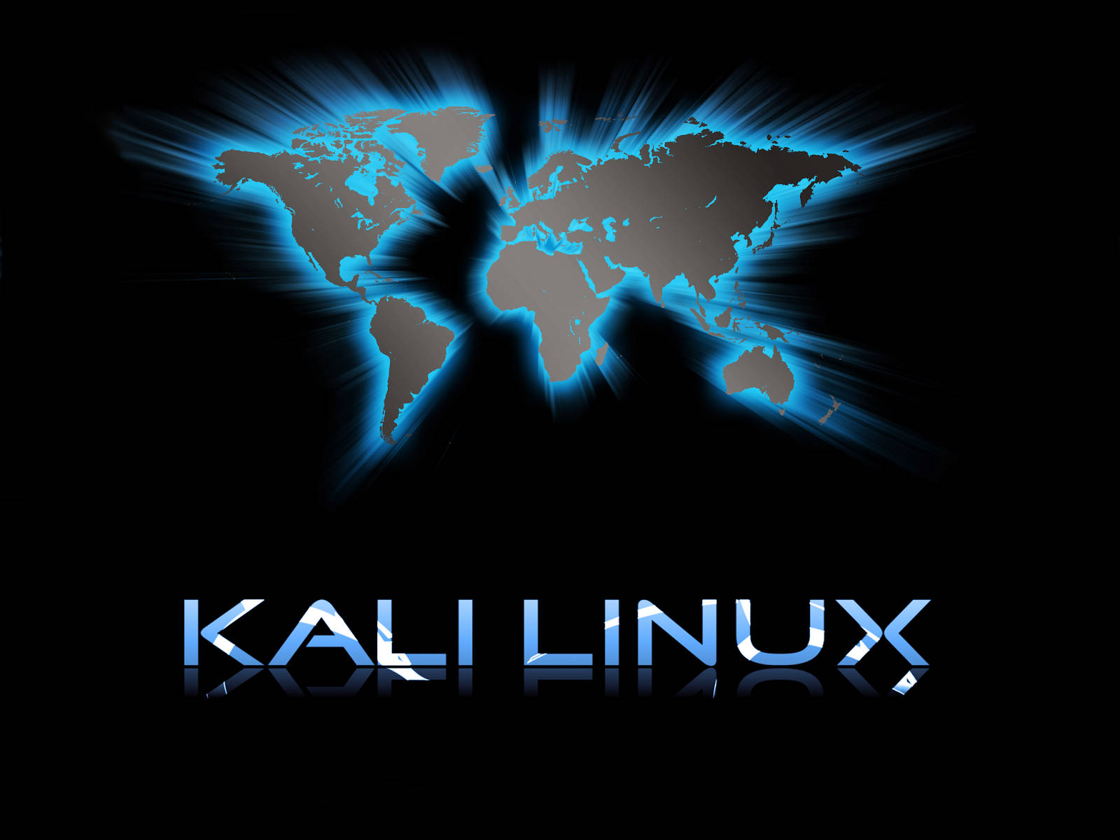 Kali Linux 桌布 壁紙 — 發光的藍色世界地圖在黑色背景下散發光芒，下方有反射藍色的「KALI LINUX」文字。