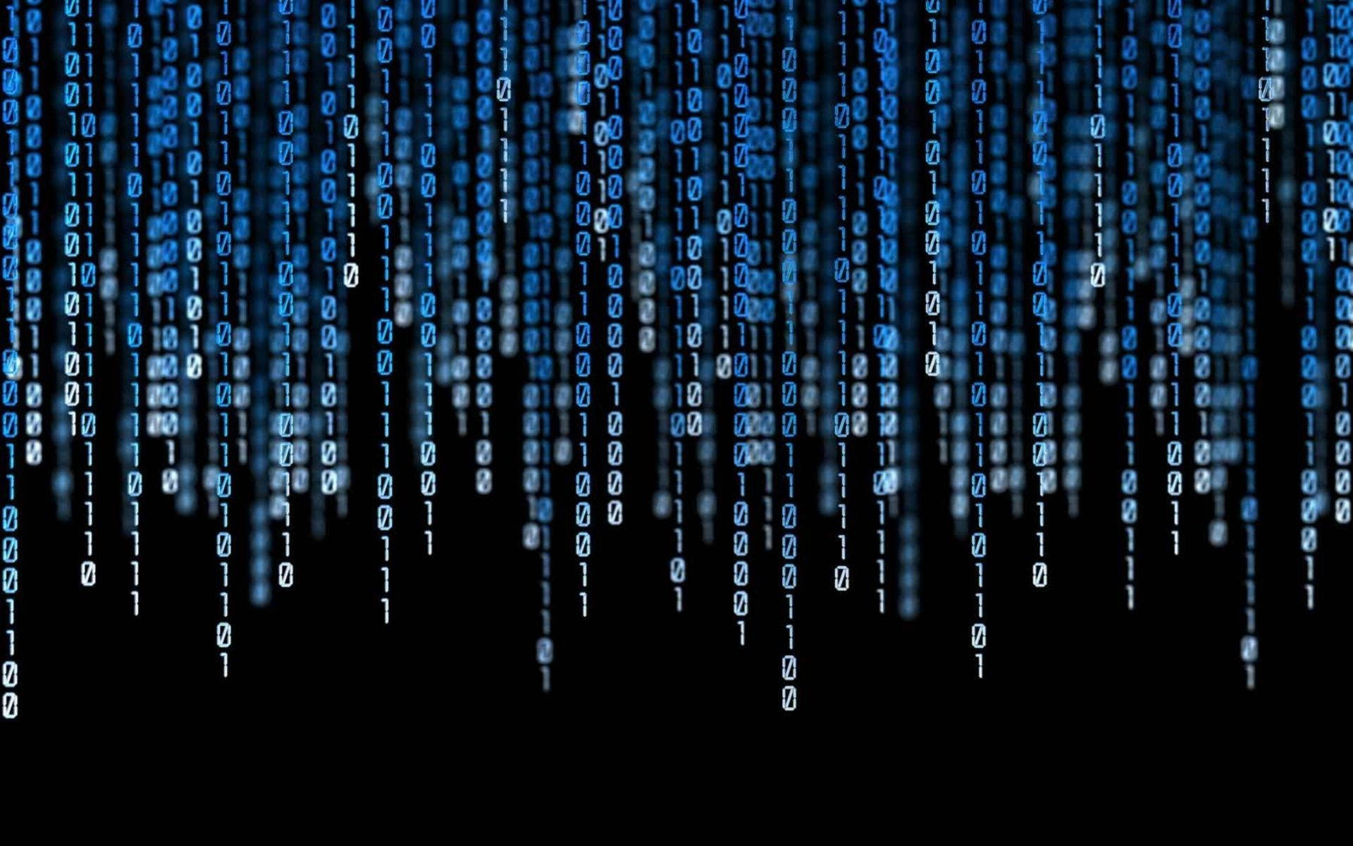 Information 桌布 壁紙 — 發光的藍色二進制代碼的數字雨在黑色虛空中以 Matrix 風格的視覺效果傾瀉而下。
