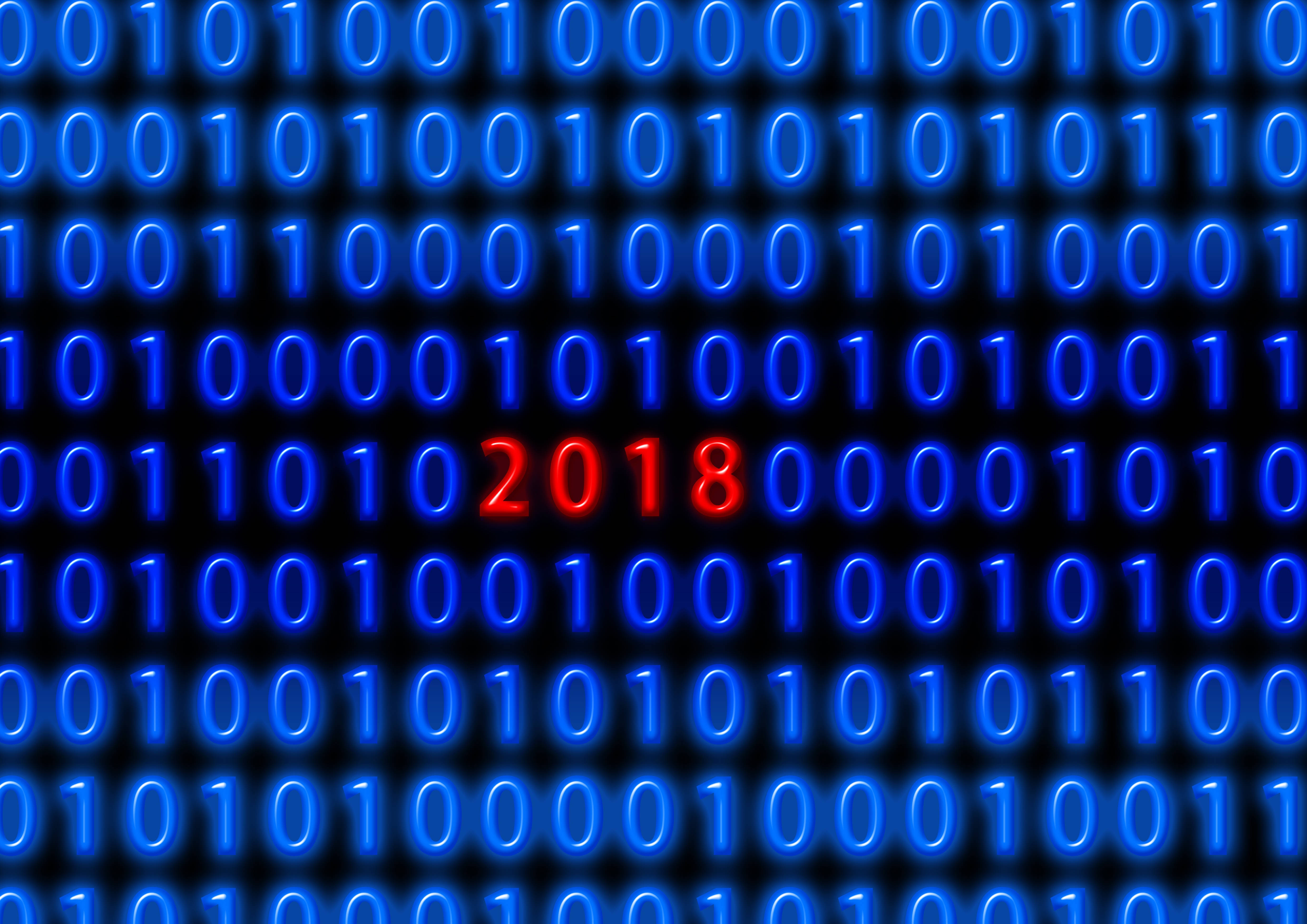 程式碼 桌布 壁紙 — 發光的藍色二進制代碼矩陣，2018 年以紅色突出顯示，背景為黑色。