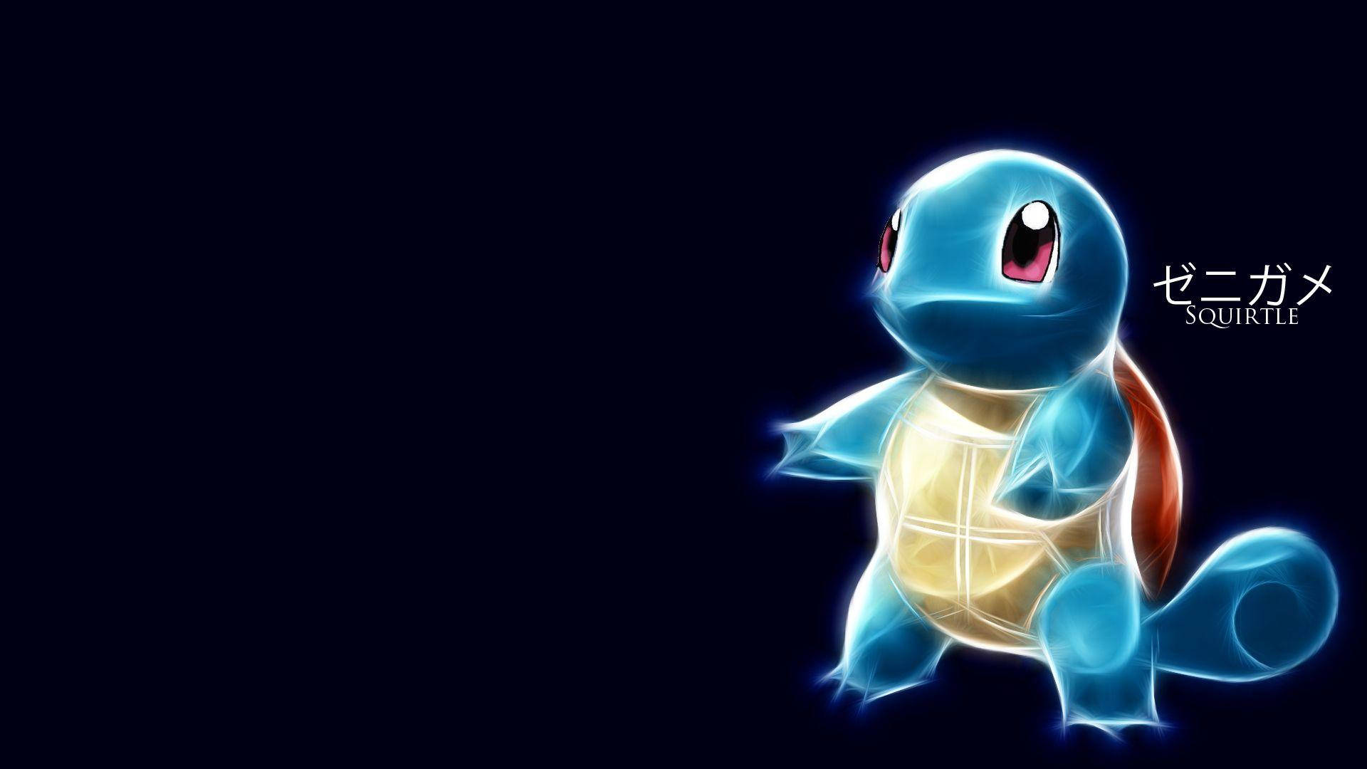 Squirtle 桌布 壁紙 — 發光的藍色傑尼龜站在深色背景前，旁邊有日文和英文文字。