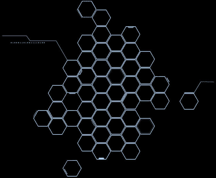 Geometric Shapes 桌布 壁紙 — 發光的藍色六邊形網格圖案漂浮在黑色背景上，帶有類似電路的線條和文字。