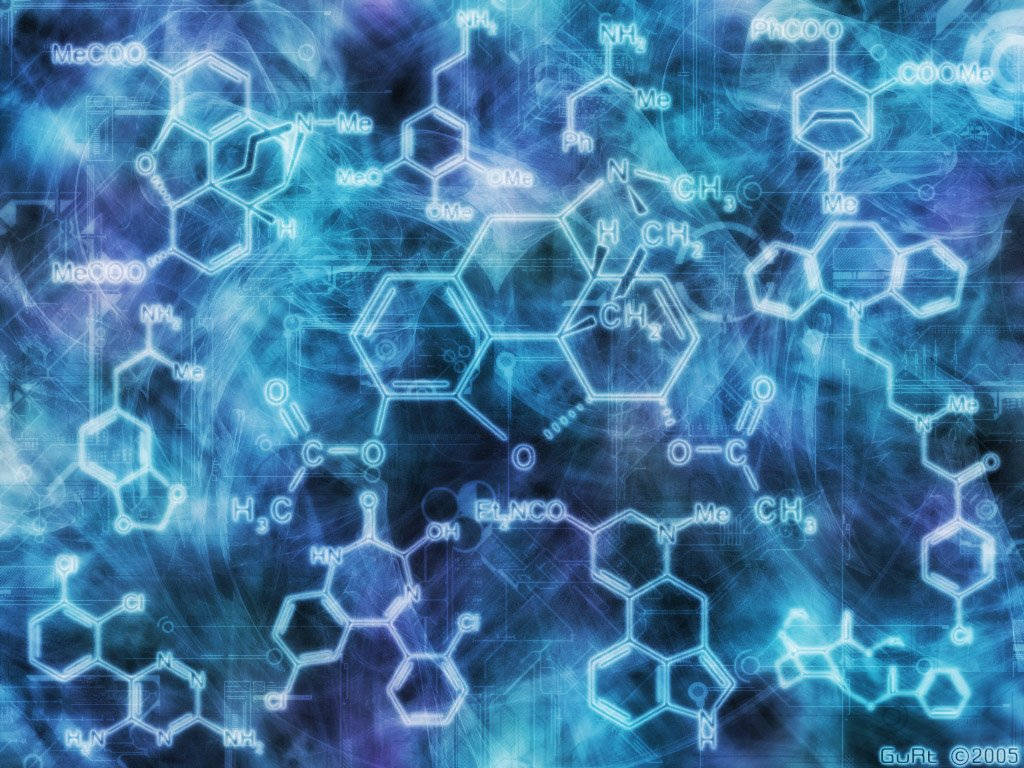 科學 桌布 壁紙 — 發光的藍色化學結構漂浮在帶有電能脈衝的數位星雲中。