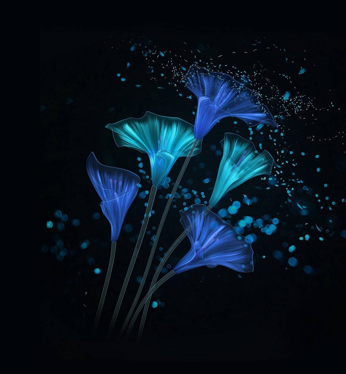 動態圖 桌布 壁紙 — 發光的藍色半透明花朵在黑暗背景下盛開，周圍有閃爍的粒子飄浮。