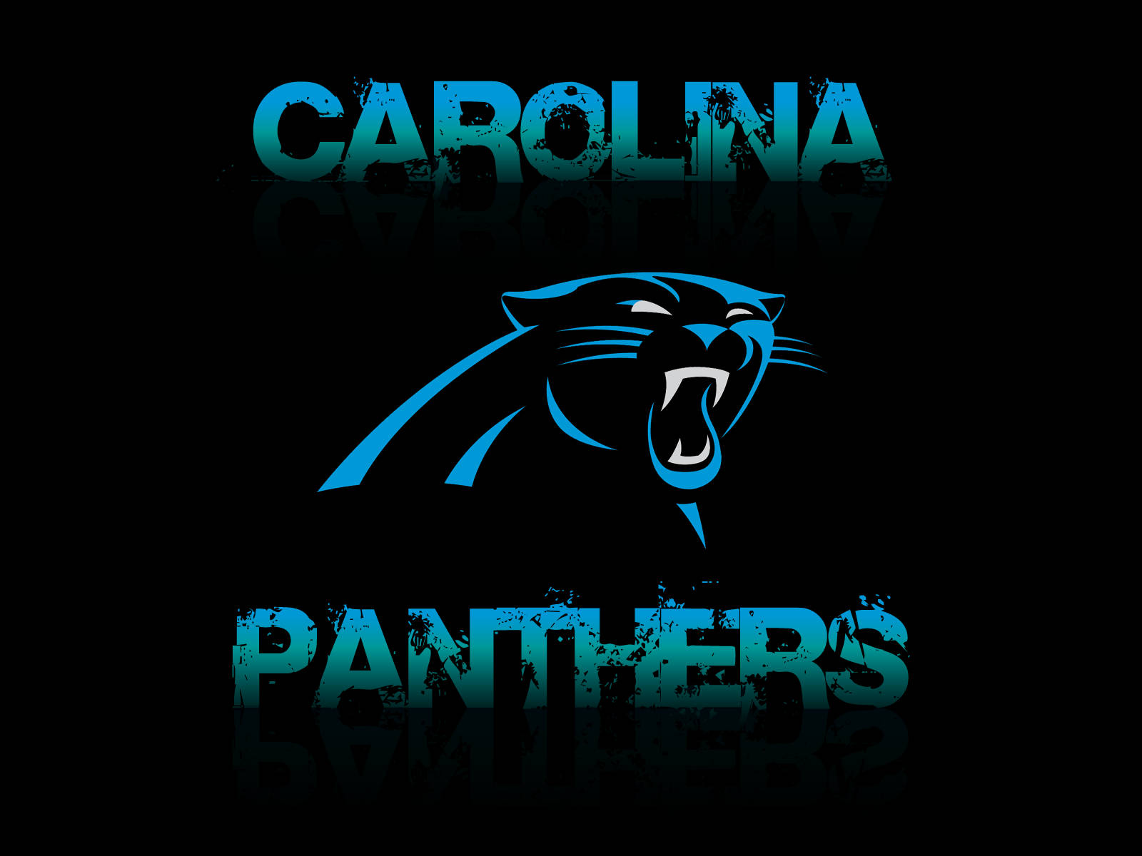 Panthers 桌布 壁紙 — 發光的藍色卡羅萊納黑豹隊標誌，帶有咆哮的黑豹和破舊文字，背景為黑色反光。
