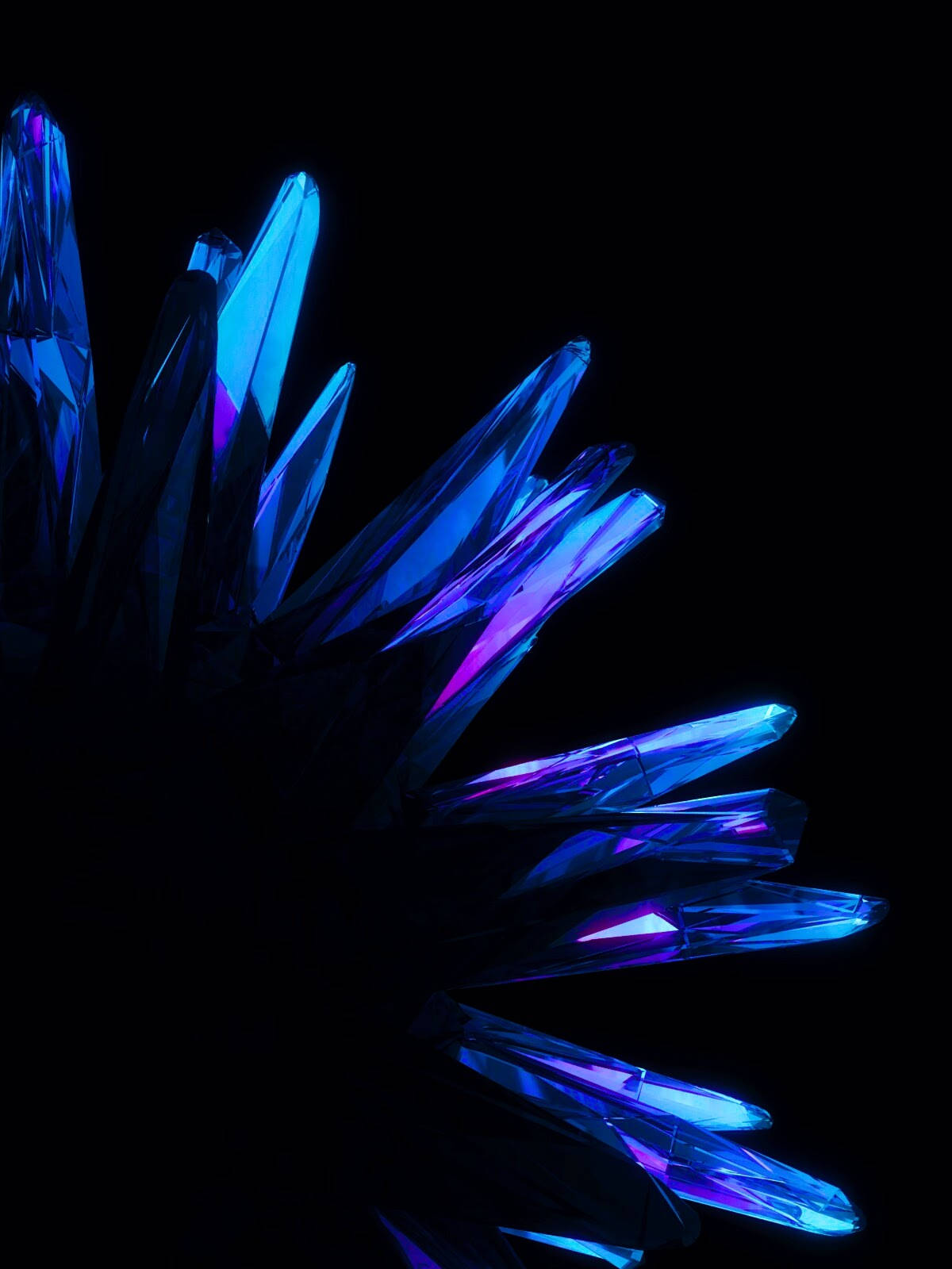 OLED 桌布 壁紙 — 發光的藍色和紫色水晶尖刺在漆黑的背景下放射出鋒利的幾何刻面。