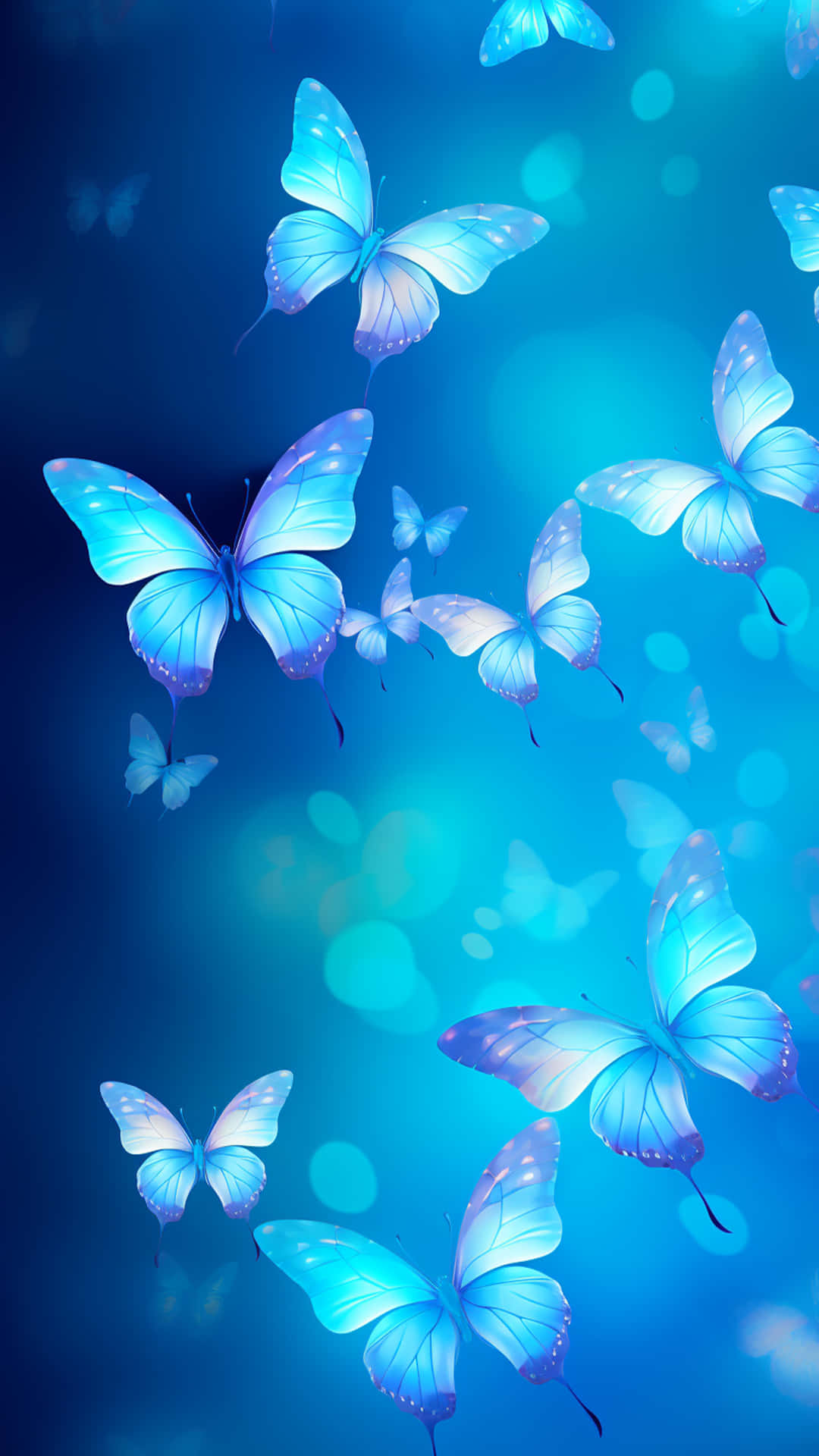 Colourful multiple butterfly 壁紙 — 發光的藍色和紫色蝴蝶在夢幻般的漸變藍色背景上優雅地飛舞，伴隨著柔和的散景燈光。