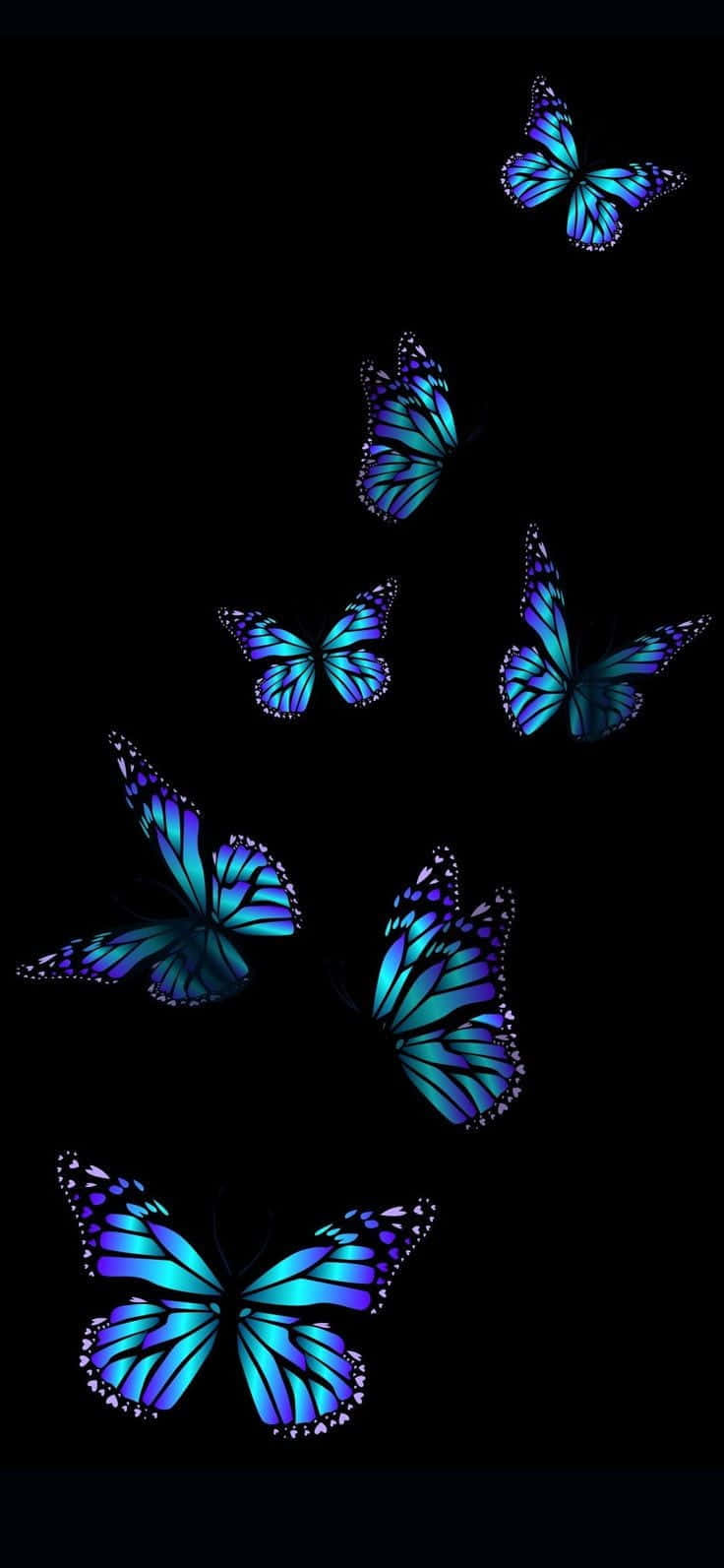 Butterflies 桌布 壁紙 — 發光的藍色和紫色蝴蝶在純黑色背景上垂直排列飛舞。