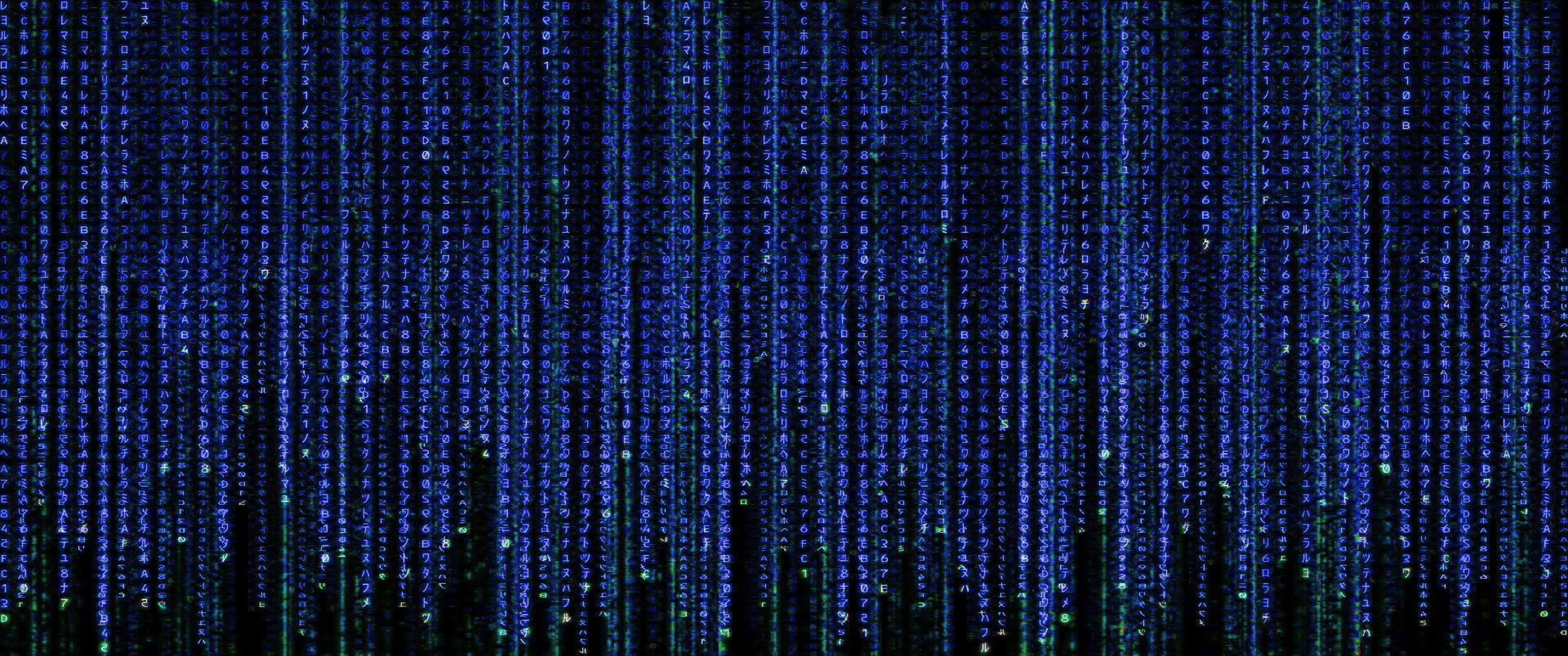 3440x1440p Programming 桌布 壁紙 — 發光的藍色和綠色代碼流像數位雨一樣在黑色虛空中傾瀉而下，呈現 Matrix 風格的視覺效果。