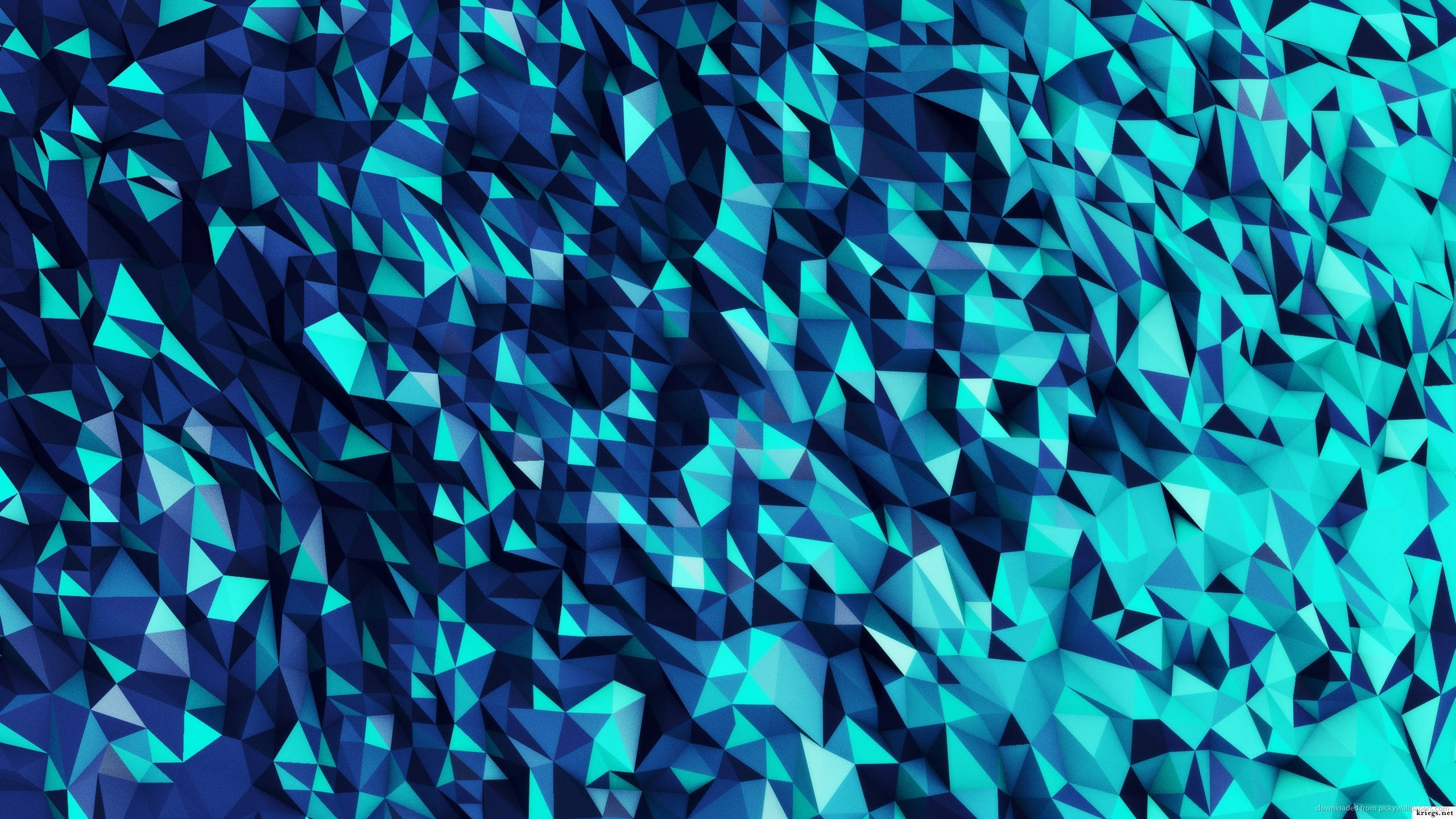 Polygon 桌布 壁紙 — 發光的藍色和藍綠色三角形切面組成的動態抽象圖案，營造出未來感的數位紋理。
