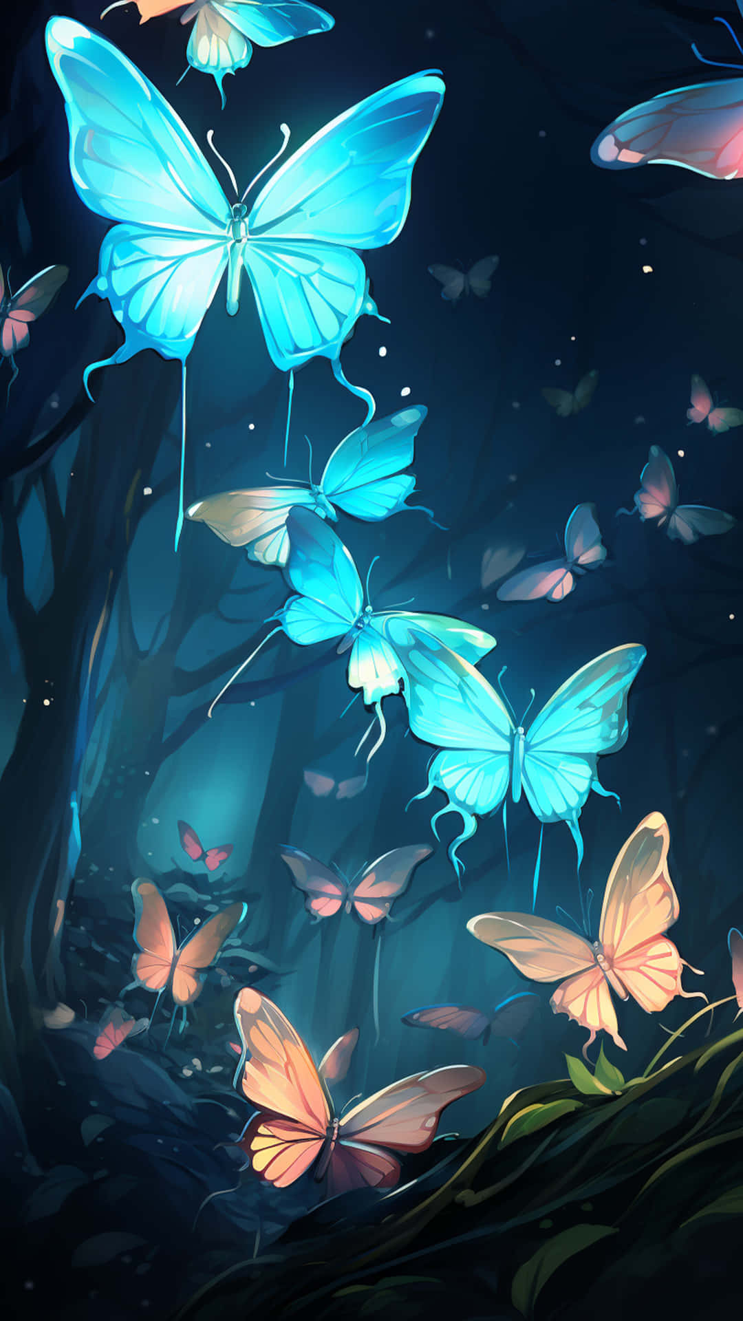 blue butterflies design 壁紙 — 發光的藍色和蜜桃色蝴蝶在黑暗的魔法森林中飛舞，伴隨著閃爍的粒子。