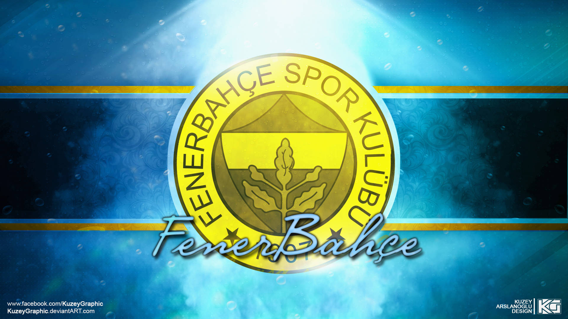Fenerbahce 桌布 壁紙 — 發光的藍色和金色費倫巴治體育會徽章在動態的水背景上閃耀著光線和氣泡。