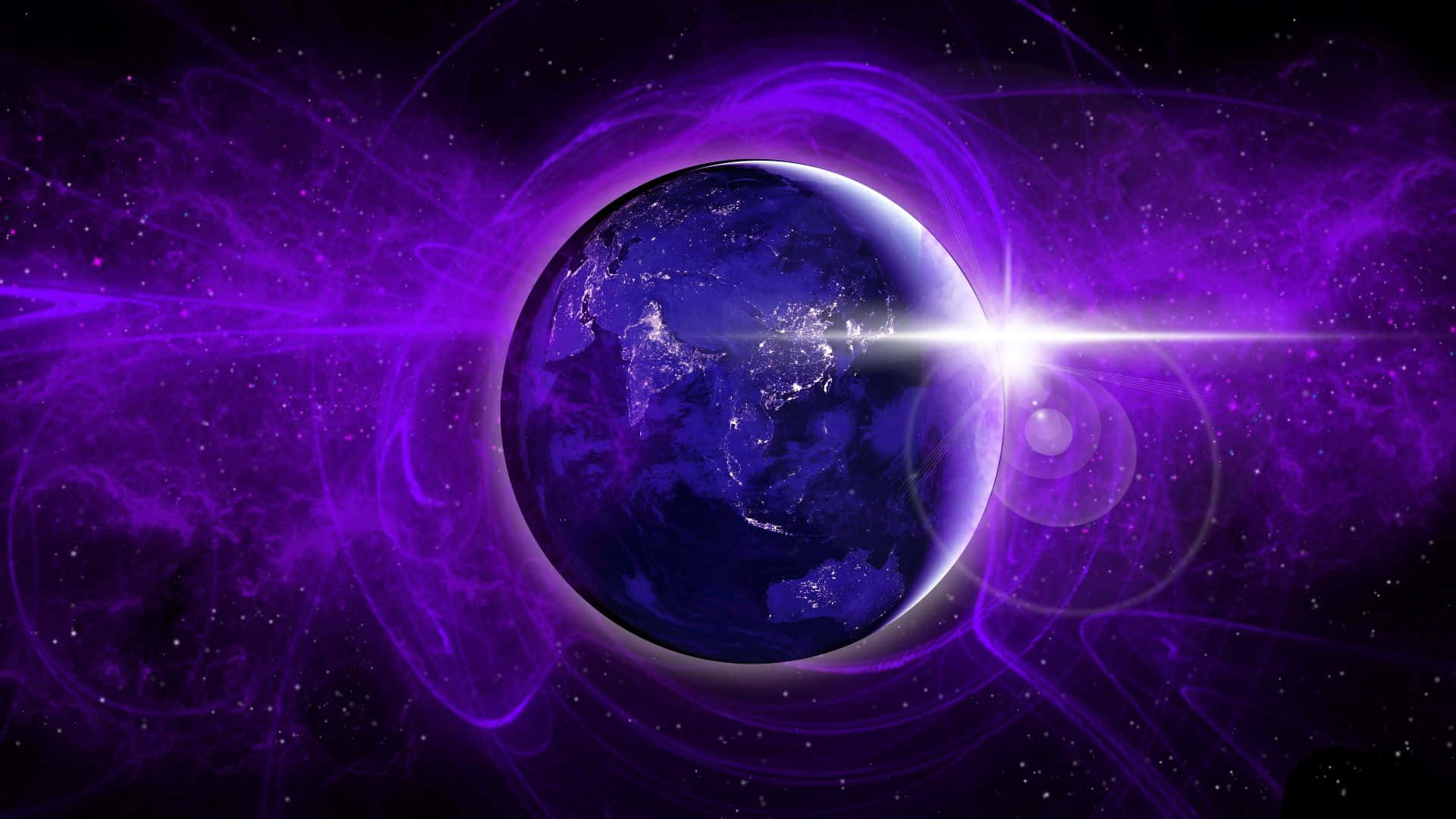 行星動畫 桌布 壁紙 — 發光的藍色地球，被旋轉的紫色宇宙能量和星場包圍，帶有明亮的鏡頭光暈。