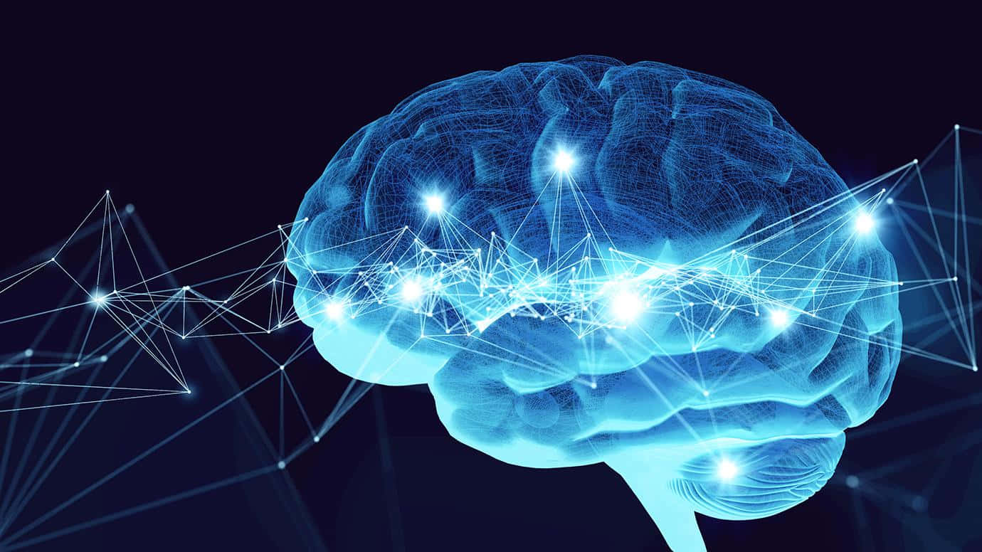 Memory 桌布 壁紙 — 發光的藍色大腦，明亮的神经連接在黑暗背景上輻射。