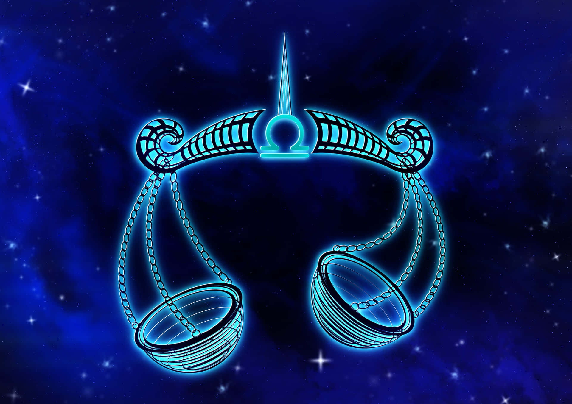 libra 桌布 壁紙 — 發光的藍色天秤座星座在繁星點點的宇宙夜空中漂浮，散發著耀眼的天體光芒。