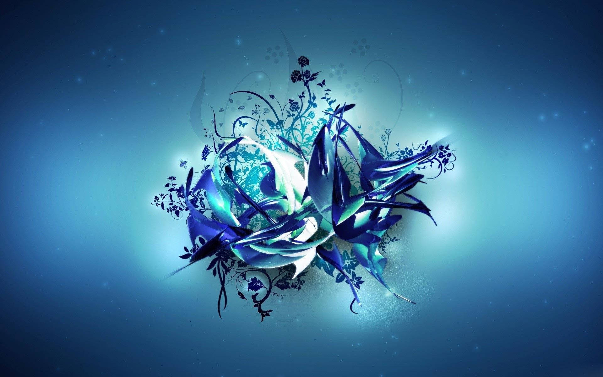 雷文克勞 桌布 壁紙 — 發光的藍色抽象花卉設計，帶有旋轉的花瓣和藤蔓，在漸變藍色背景上散發光芒。